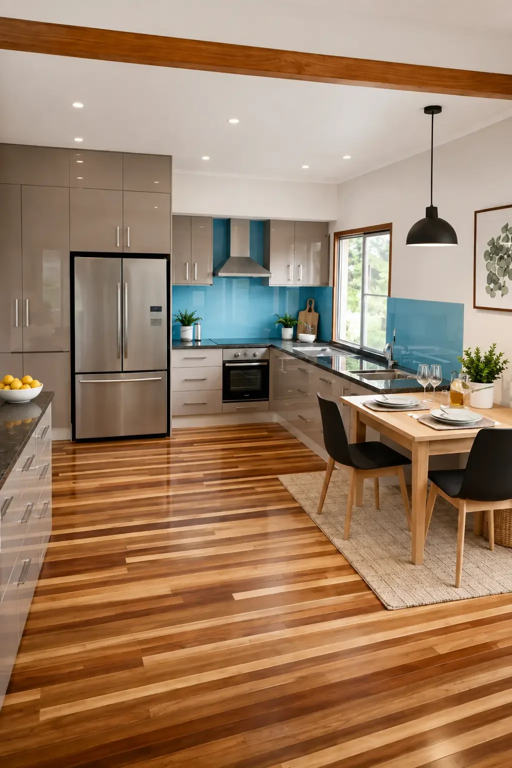 Custom kitchen with grey cabinetry, blue splashback, stainless steel appliances and timber flooring.