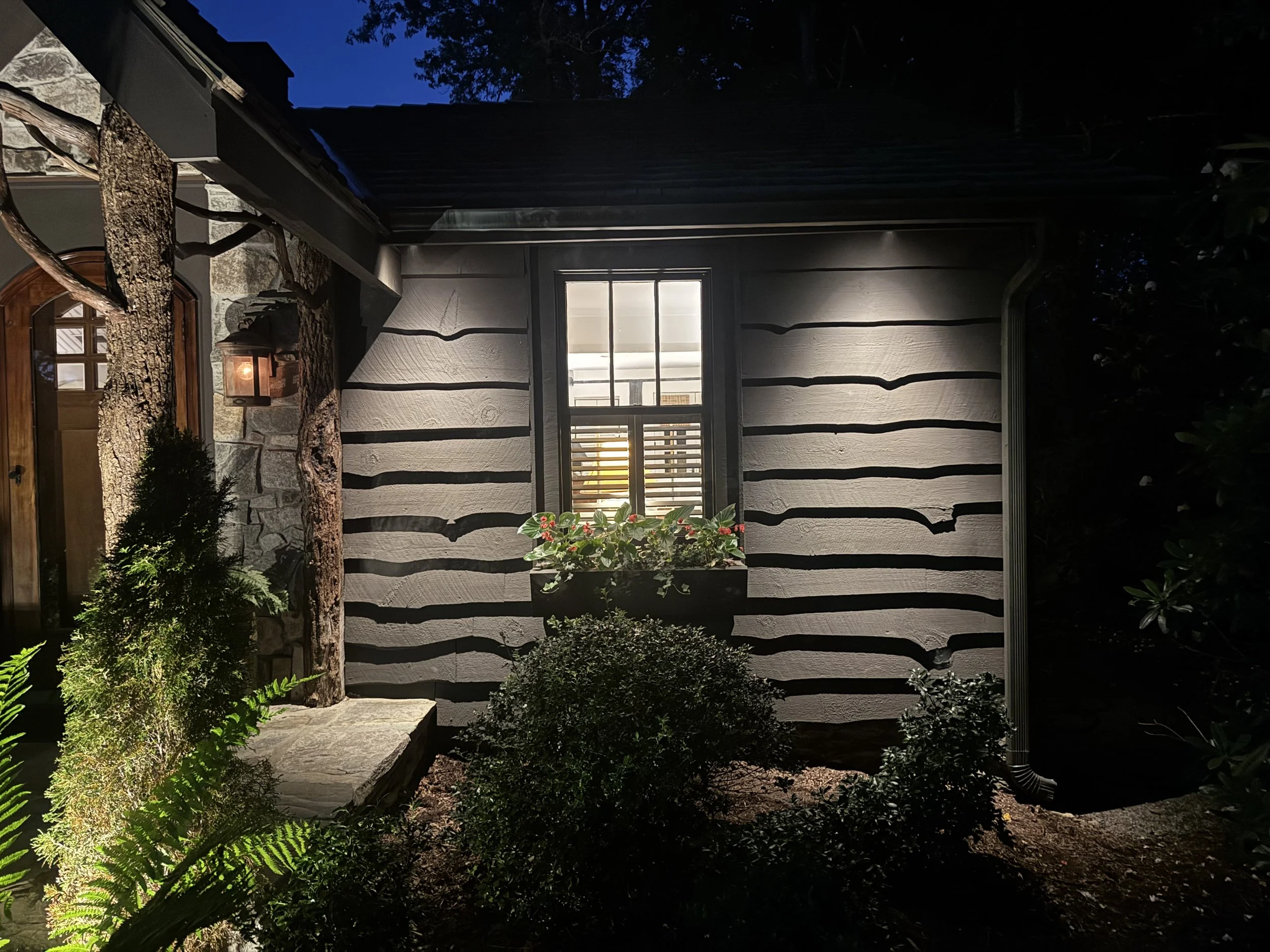 A house exterior at night with illuminated window, stone and wood siding, surrounded by greenery, and a tree trunk with bark in the foreground.