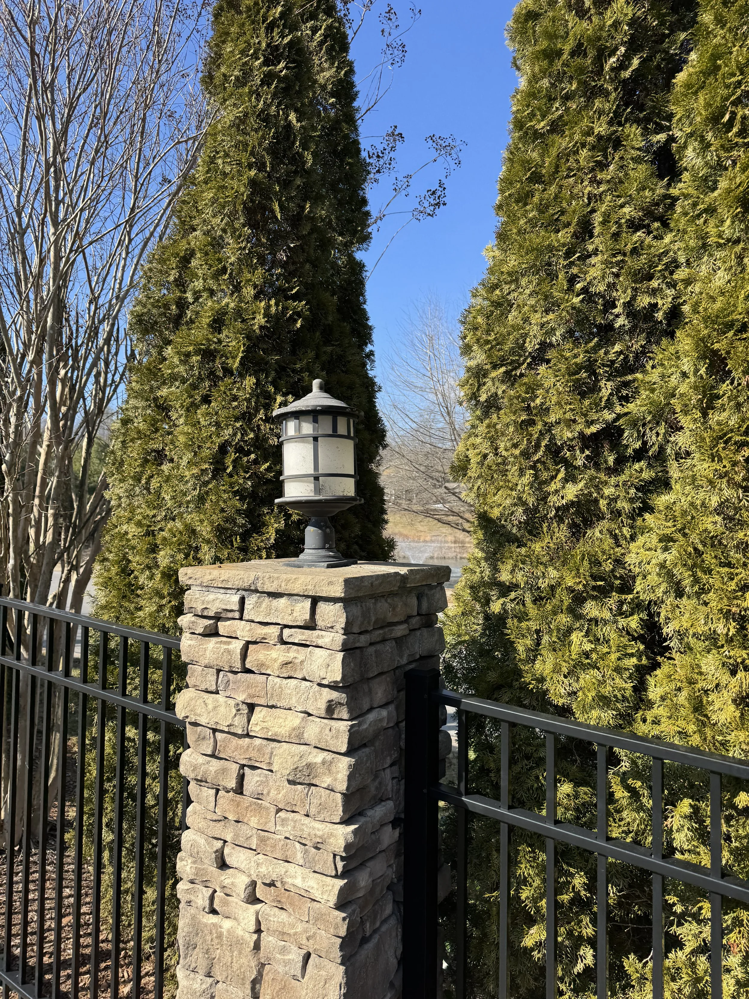 A stone pillar with a lamp on top, surrounded by a black metal fence and tall green trees, with a clear blue sky and some leafless trees in the background.