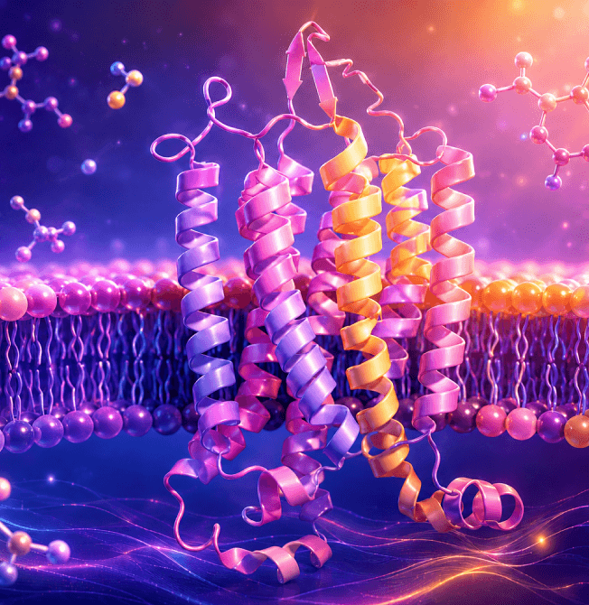 Illustration of a biological membrane with protein structures embedded in the lipid bilayer, with molecular models and a colorful, abstract background.
