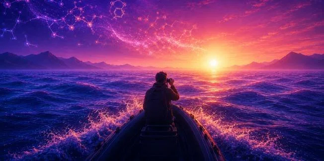 A person sitting on a boat in the ocean at sunset, with a colorful sky featuring cosmic patterns and mountains in the background.
