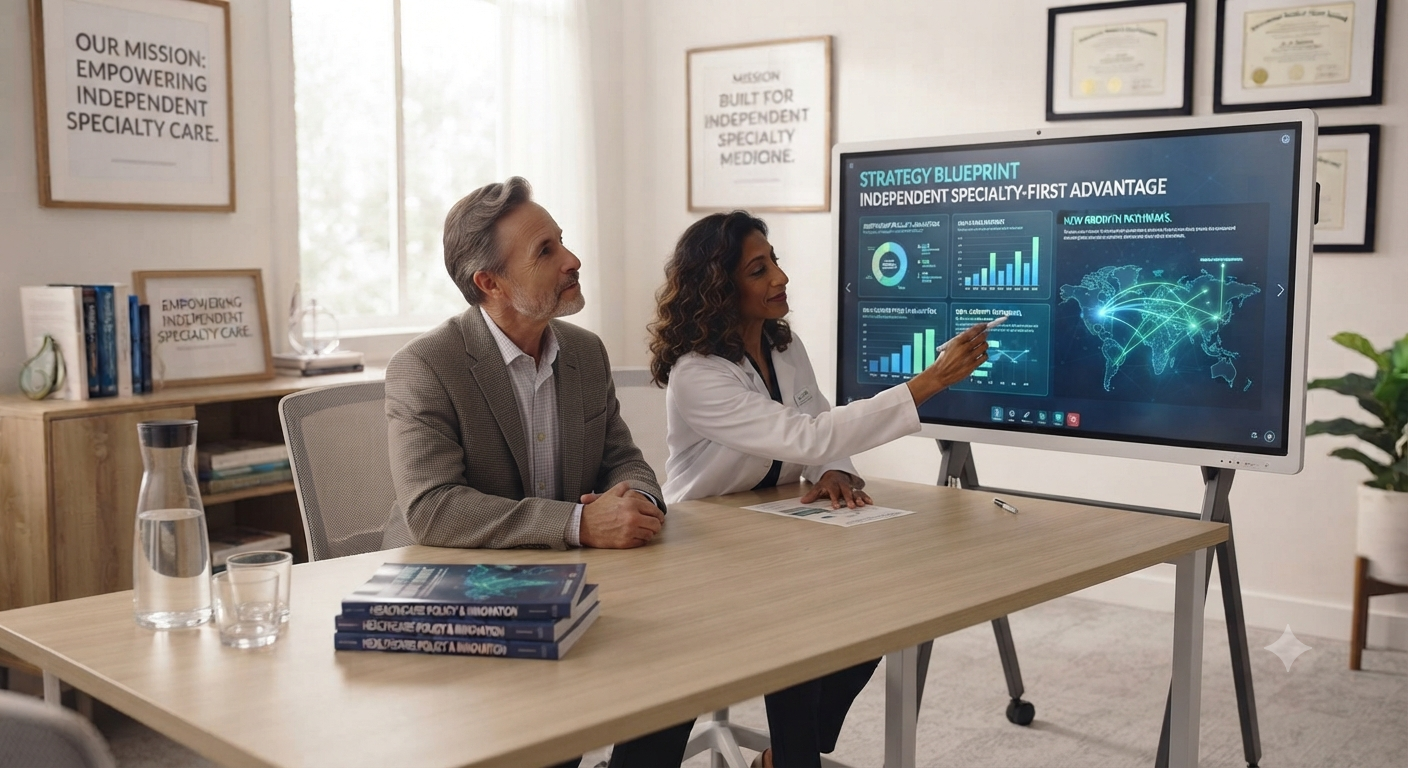 A woman in a white coat presents a strategy blueprint with graphs and a world map on a digital screen, while a man in a gray suit listens attentively in a modern office with framed certificates and mission statements on the wall.