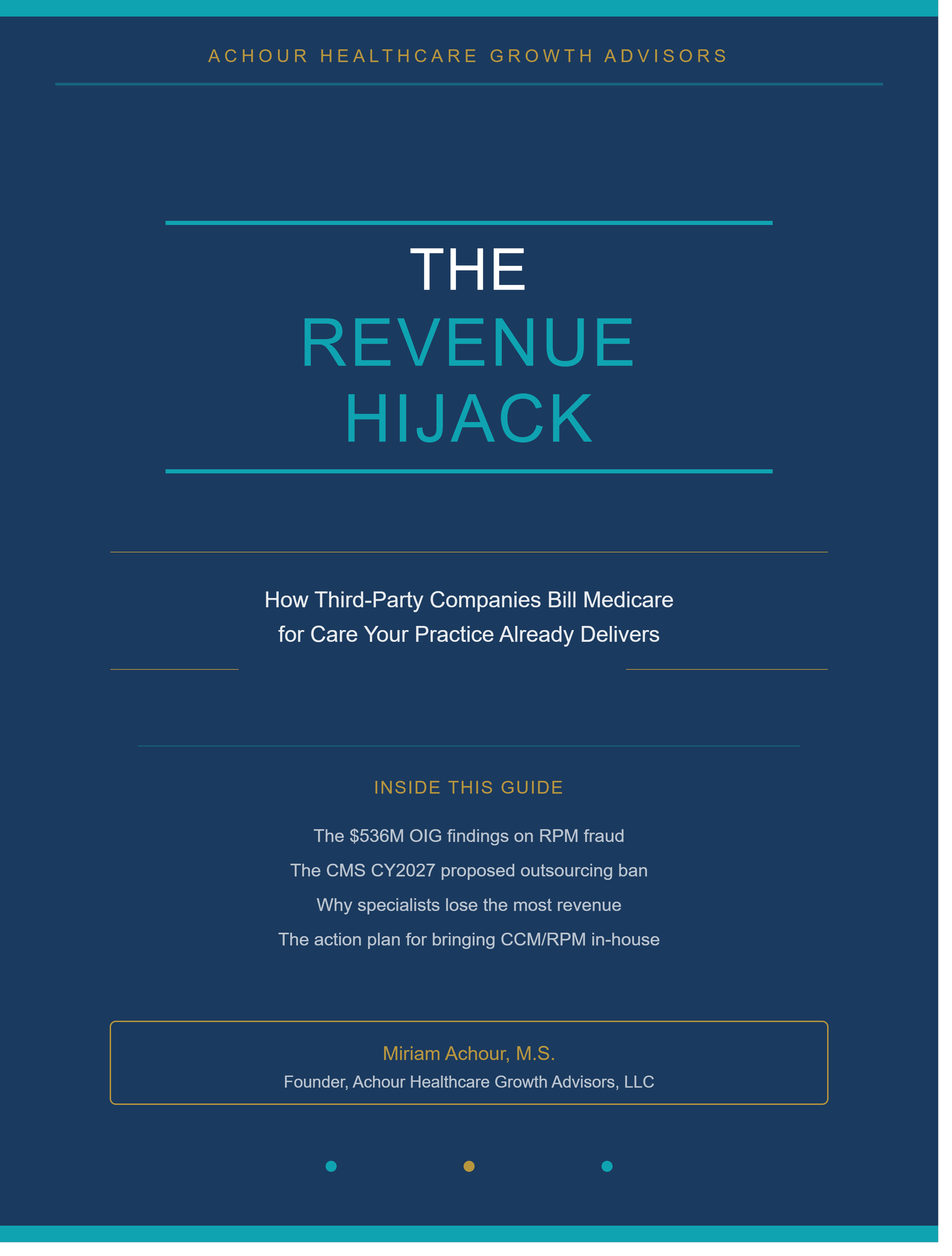 Cover page of a report titled 'The Revenue Hijack' by Achour Healthcare Growth Advisors. The subtitle discusses billing Medicare for care delivery. Includes author Miriam Achour, M.S., founder of Achour Healthcare Growth Advisors, LLC, with sections about OIG findings, CMS proposals, revenue issues, and strategies.
