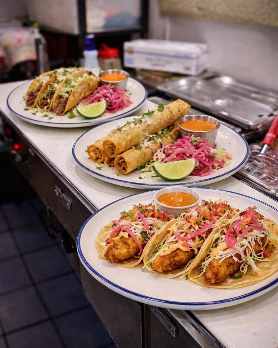 Three plates of Mexican food on a counter: the first plate has tacos with shredded lettuce, cheese, and meat, with a lime wedge and pink pickled onions; the second plate has four taquitos with shredded lettuce, cheese, pickled onions, and a lime wedg