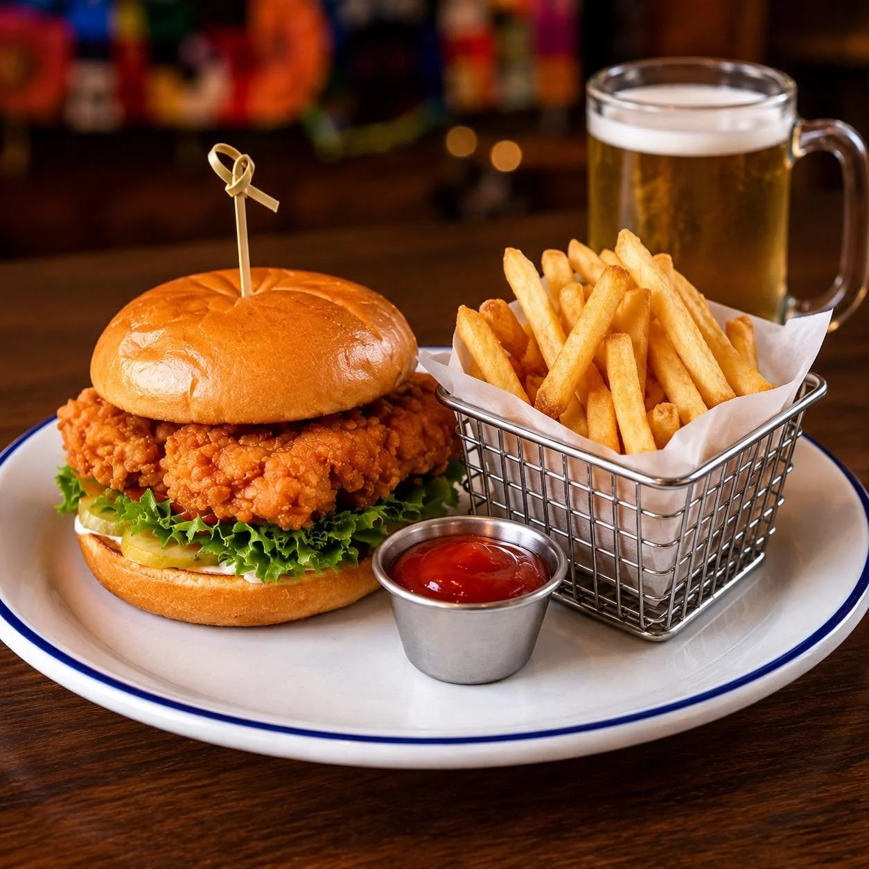 Fried chicken sandwich with lettuce and pickles, a side of French fries with ketchup, a mug of beer in the background, all on a white plate.