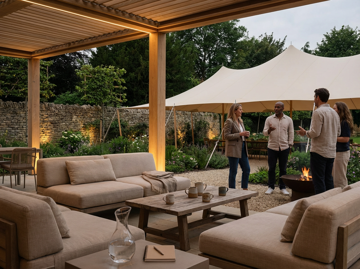 Group of four people conversing outdoors under a large canopy in a garden setting with a stone wall and trees in the background, with outdoor furniture and a fire feature.