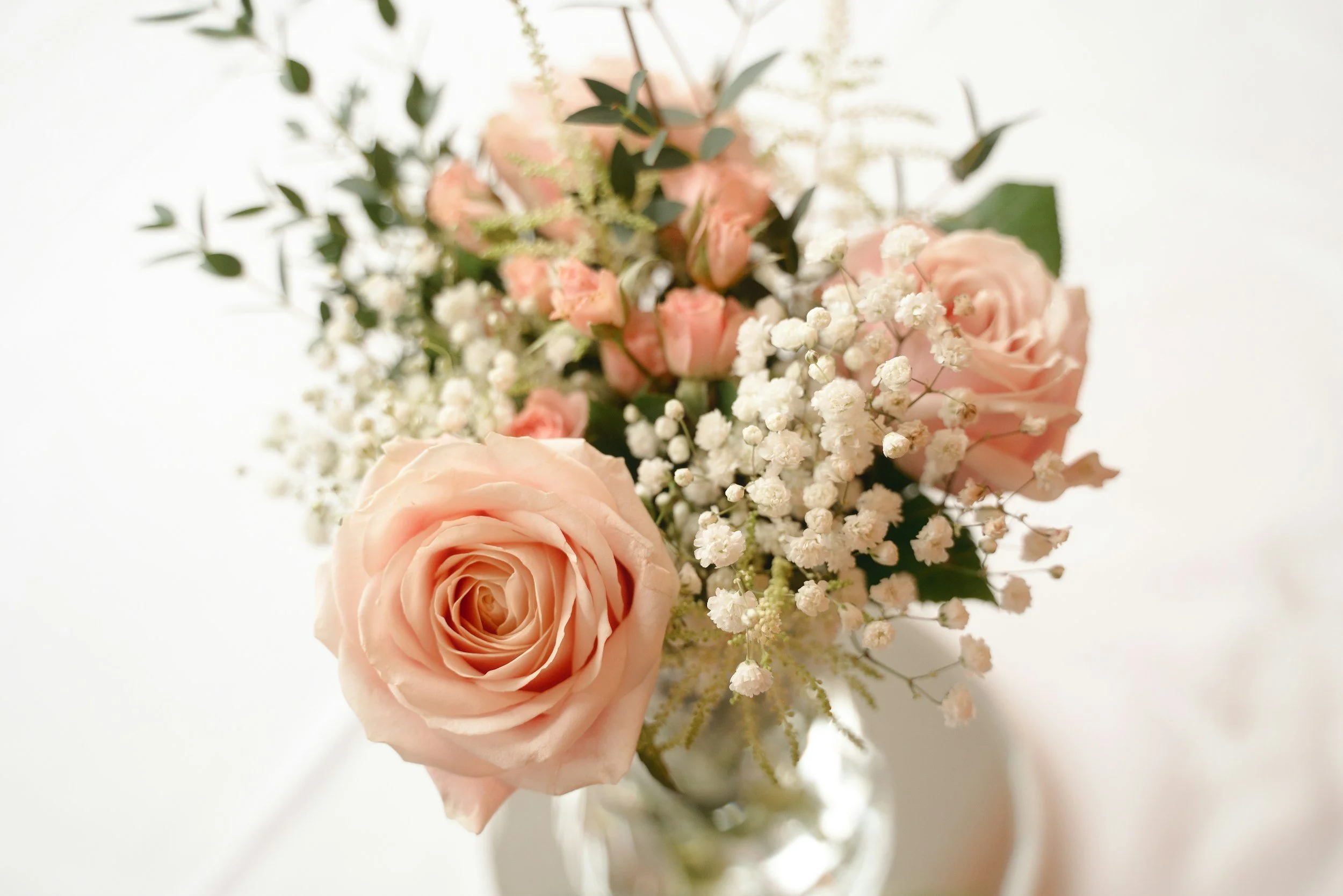 Close-up of a bouquet of light pink roses, white baby's breath, and greenery on a white background.