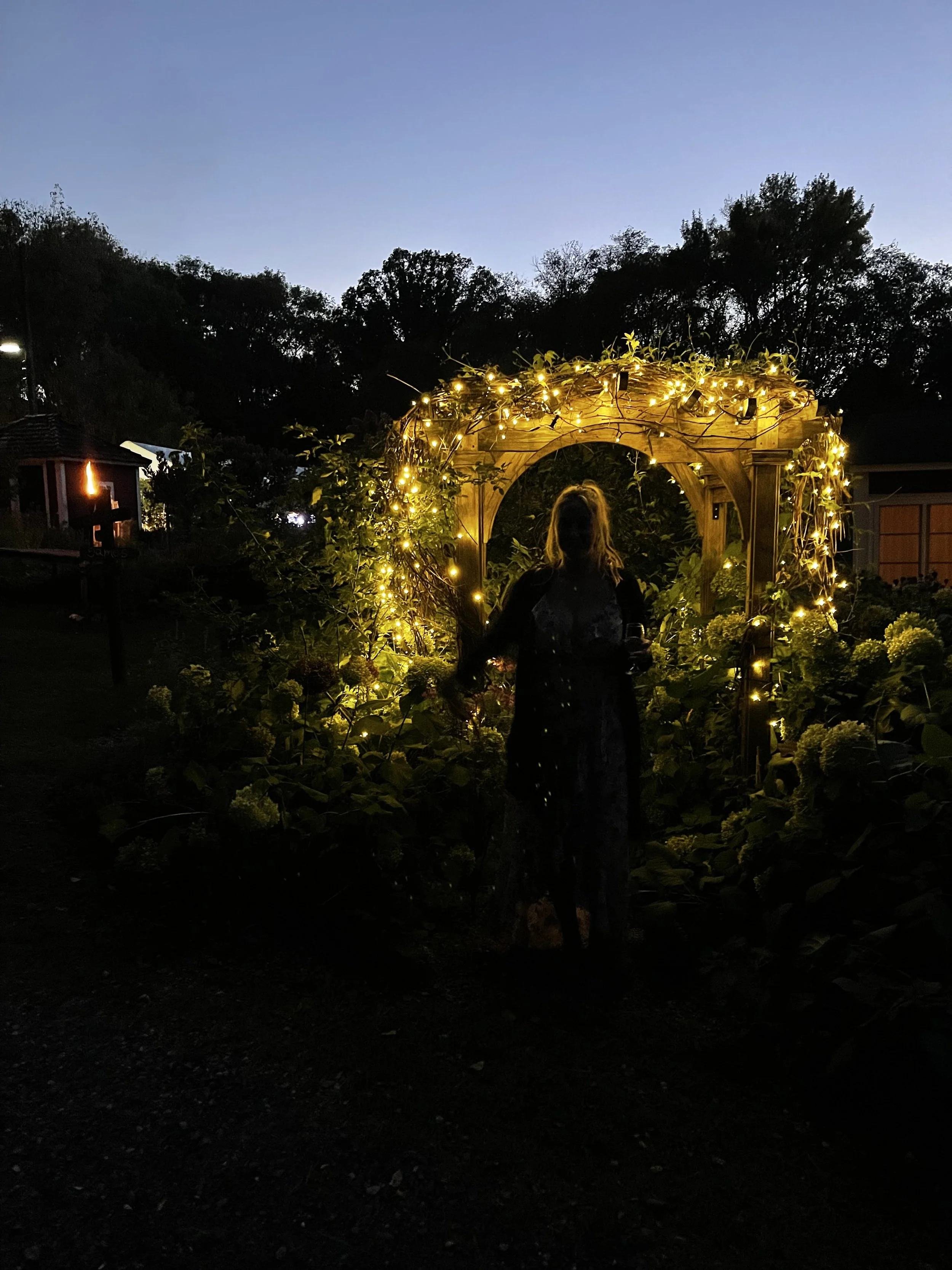 Woman with long hair in a patterned dress standing in front of a wooden arbor decorated with small yellow fairy lights, in a garden during dusk with dark trees in the background.
