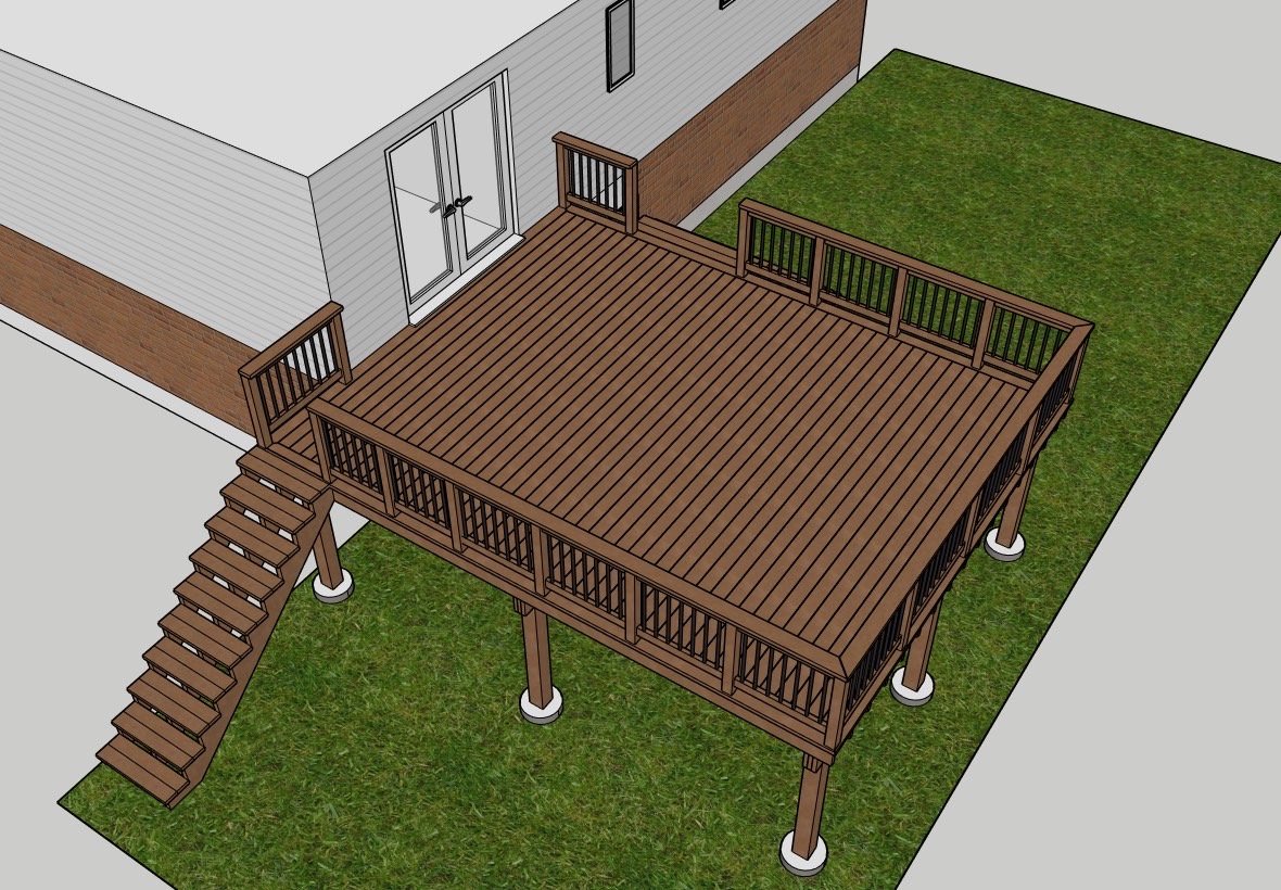 A 3D rendering of a backyard deck attached to a house, with stairs leading down to a grassy yard.