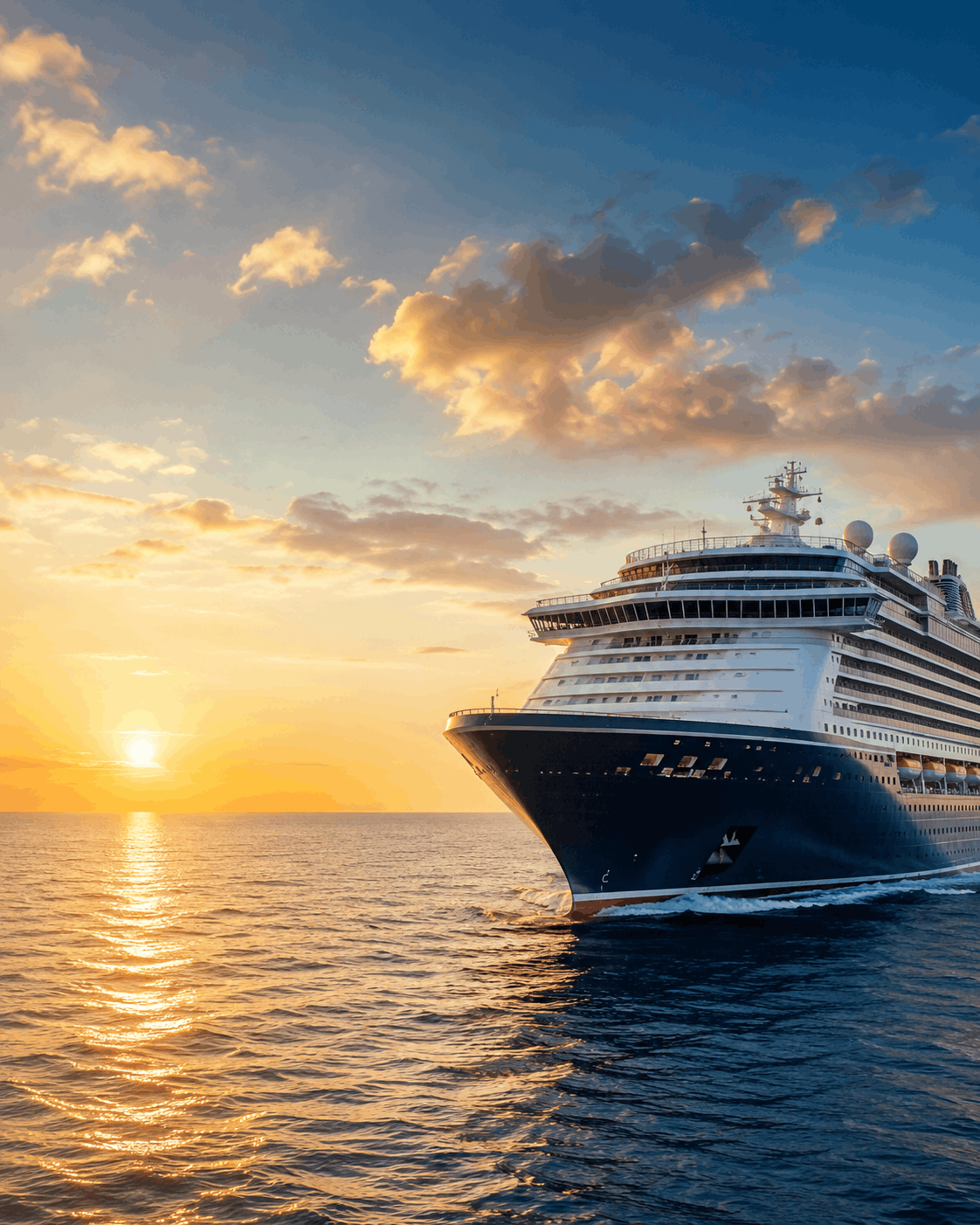 Cruise ship at sunset representing Victory Voyages travel planning