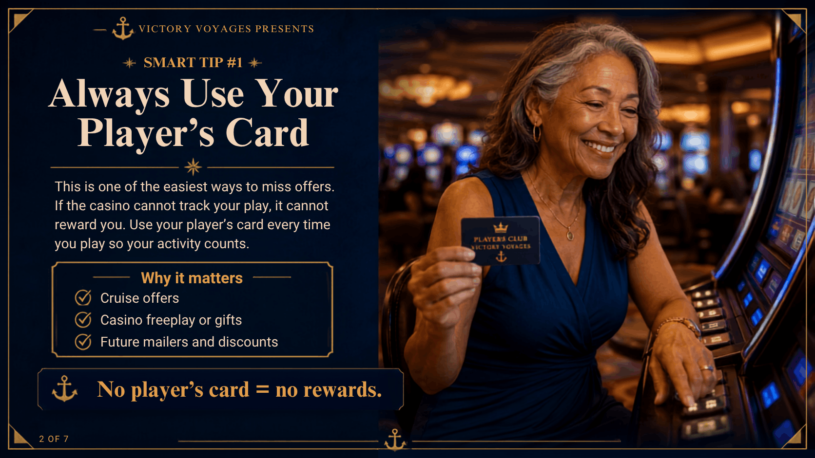 Victory Voyages Always Use Your Player’s Card cruise tip graphic