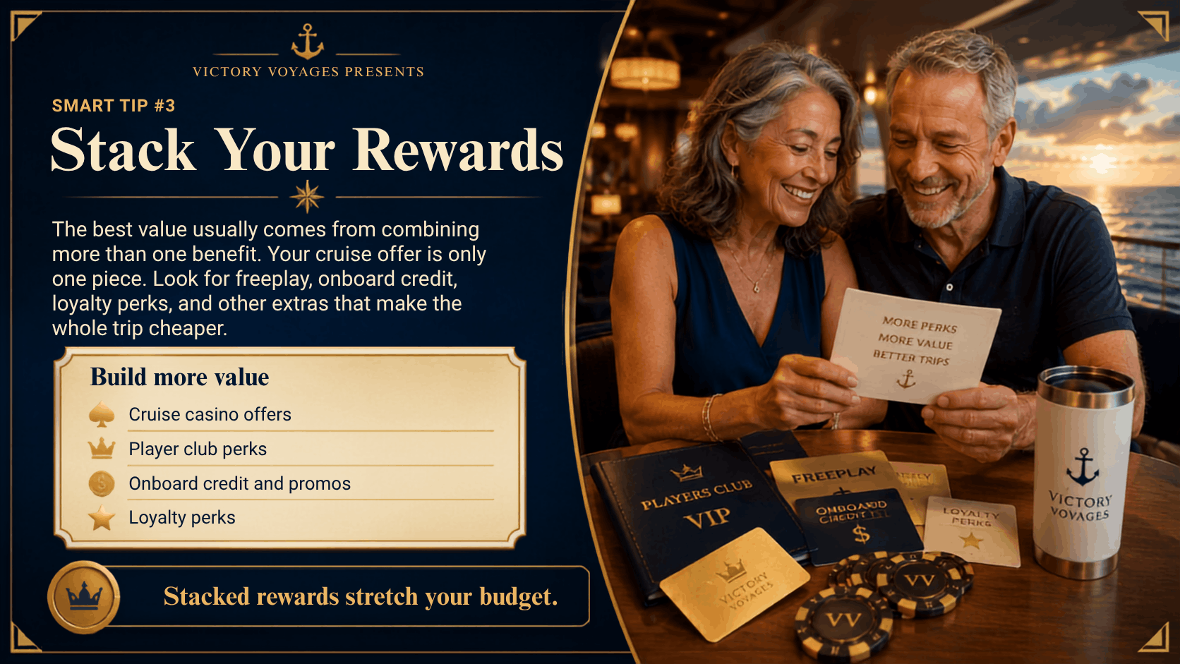 Victory Voyages Stack Your Rewards cruise planning tip graphic
