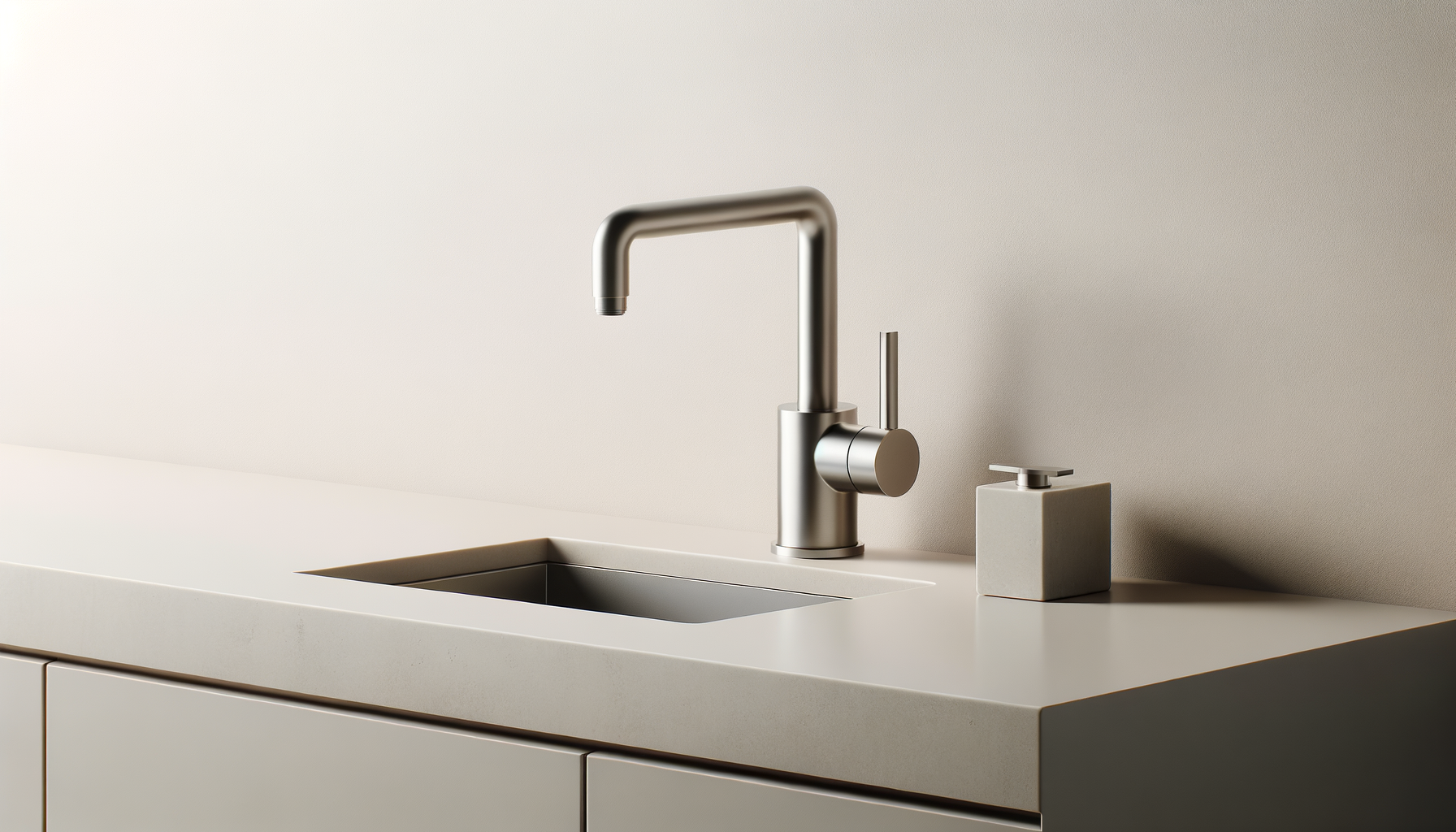Modern kitchen sink with a sleek matte silver faucet and a light gray soap dispenser on a white countertop.