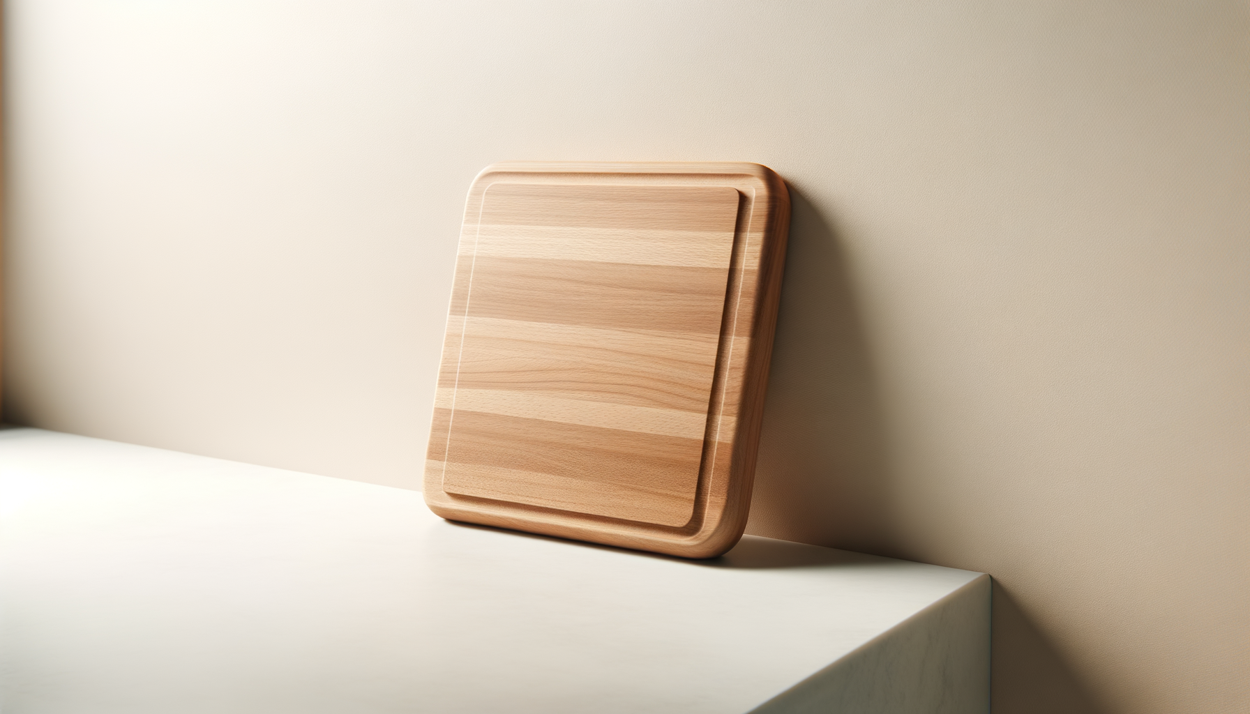 A wooden cutting board leaning against a beige wall on a white surface.