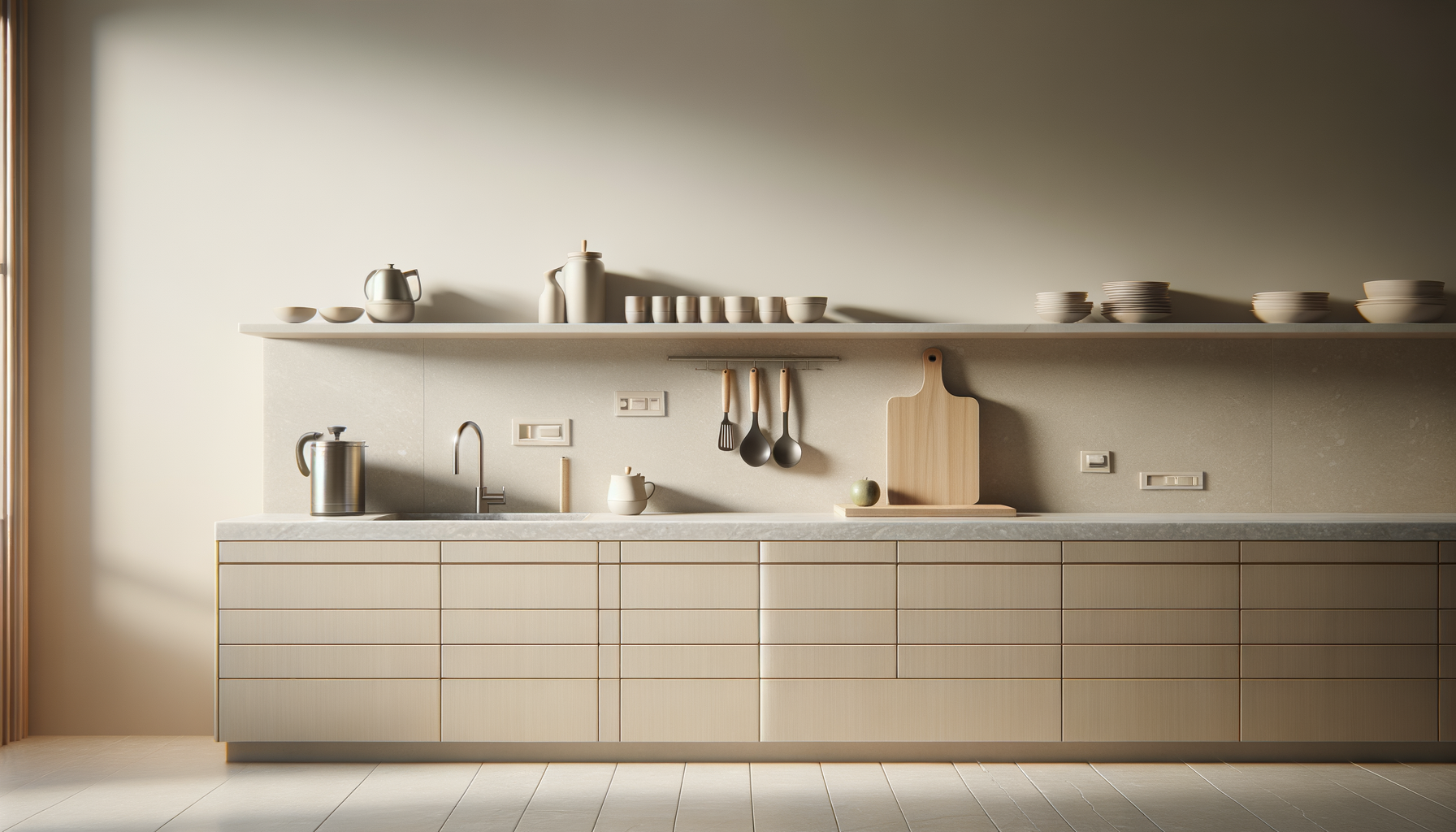 Minimalist kitchen with beige cabinets, a gray countertop, open shelves with bowls and cups, and hanging utensils.