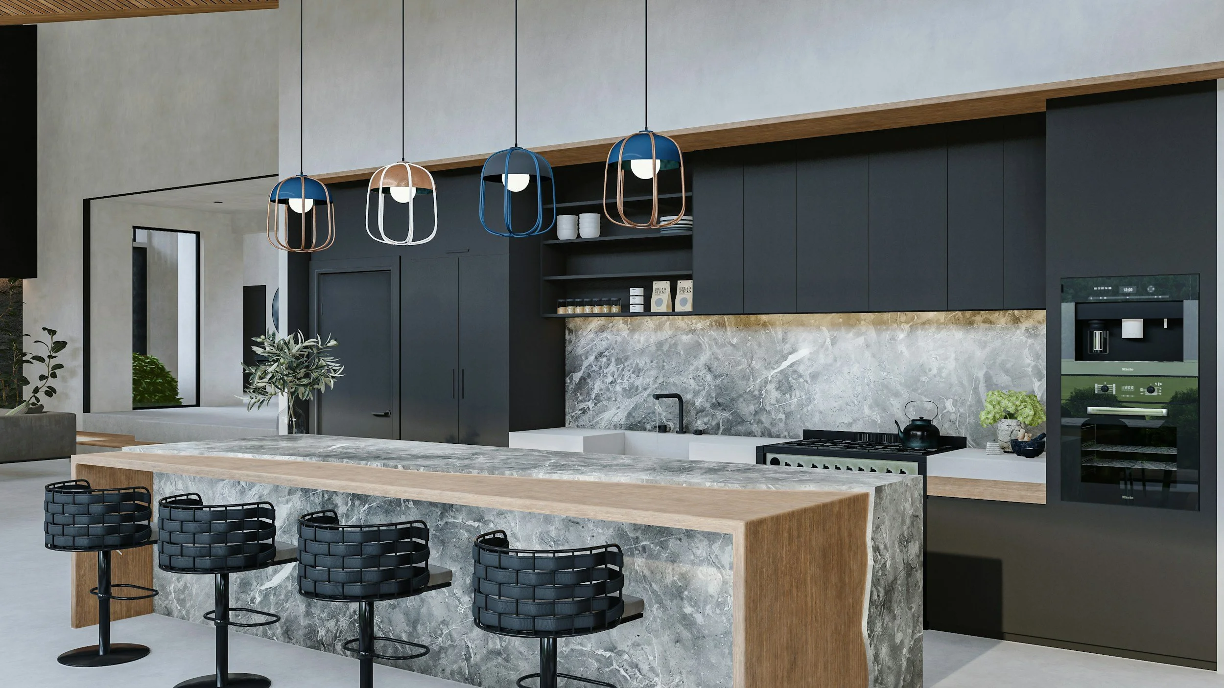 Modern kitchen with black cabinets, marble backsplash, and a light wood and marble island. There are five pendant lights above the island and four black barstools in front. The kitchen has a built-in oven and a coffee machine, with some pantry items and plants visible.