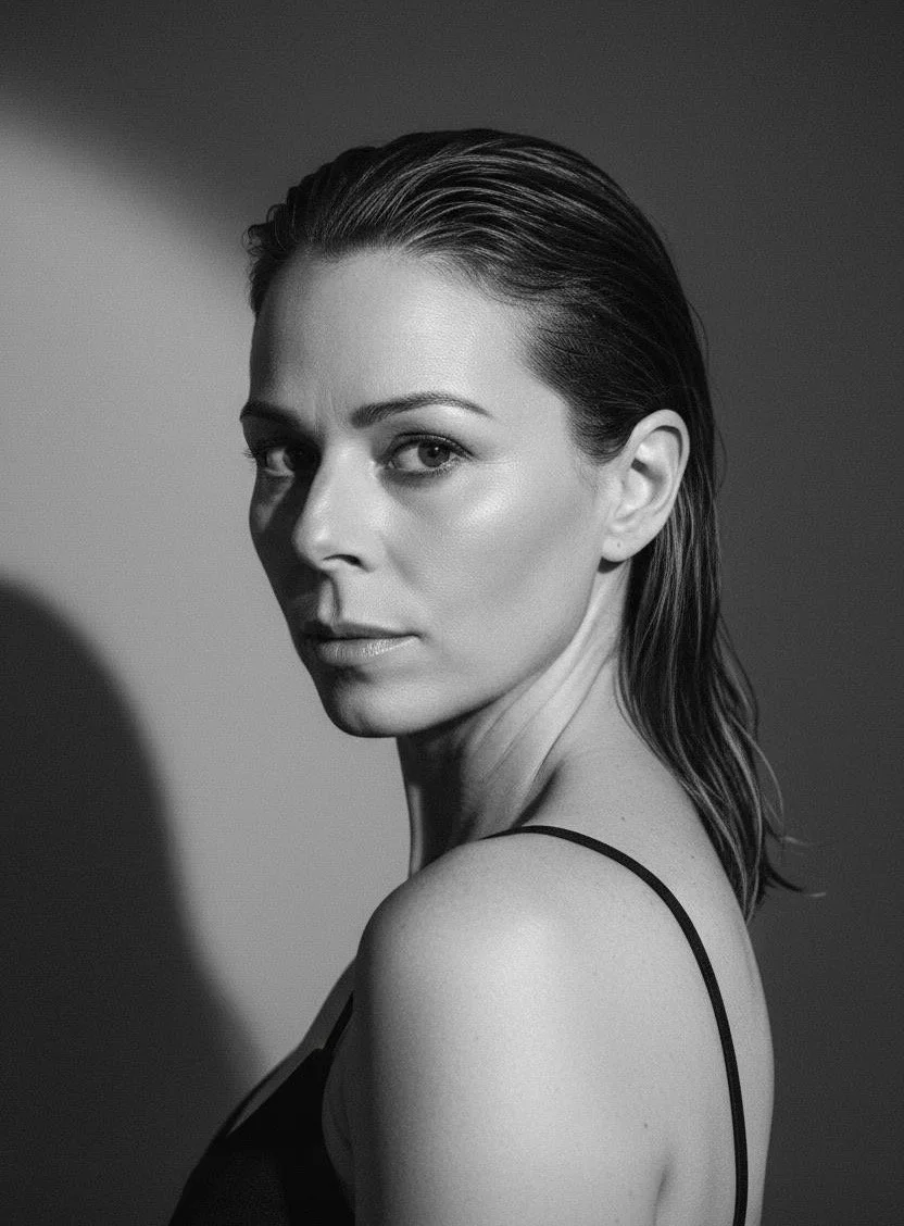 Black and white portrait of a woman with wet hair looking over her shoulder.
