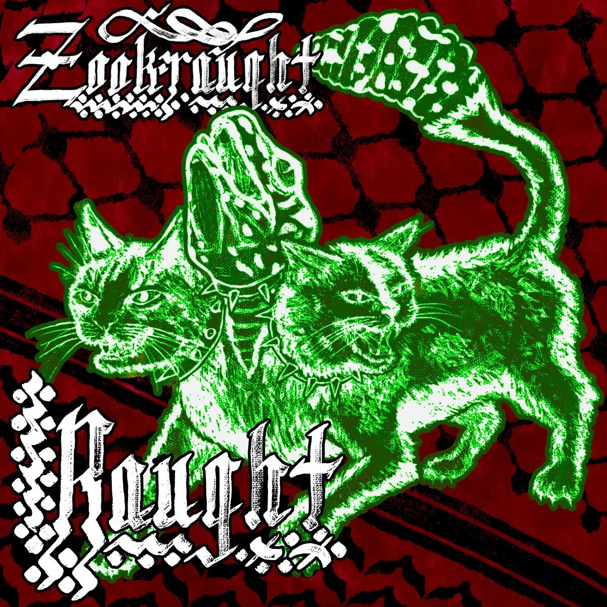 A graphic illustration featuring a large green outline of a dog with a spiked collar, and a black and green cat with a spiked collar inside the dog's mouth. The background is red with black web-like patterns. The words 'Zucknugget' and 'Huff' are written in stylized gothic fonts.
