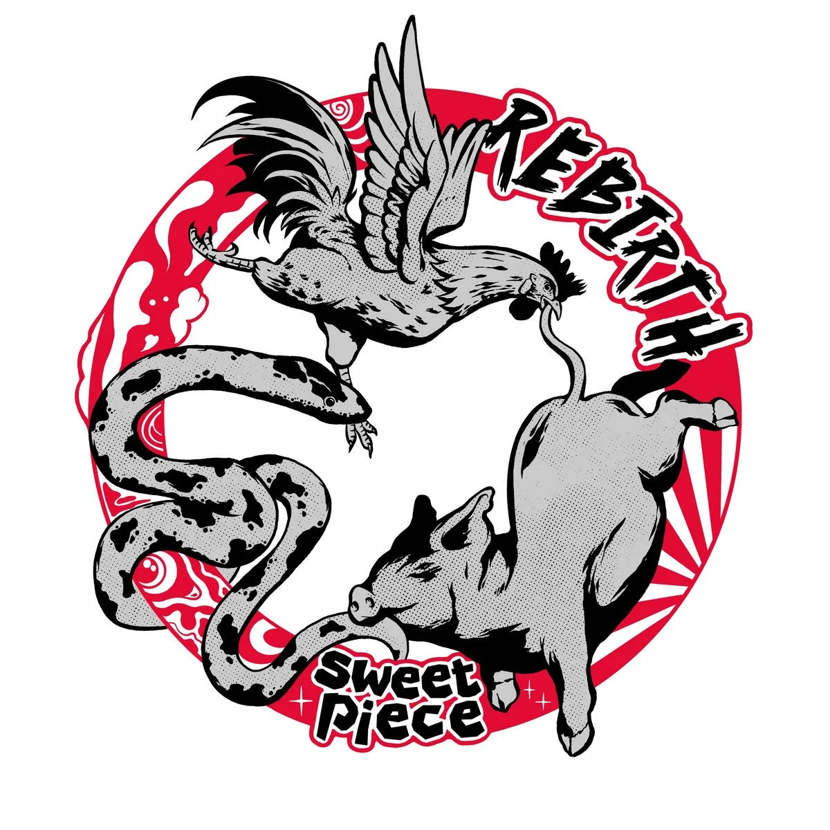 A graphic illustration of a snake, a rooster, a pig, and a cat forming a circular design with the words 'Team Truth' and 'Sweet Piece'.