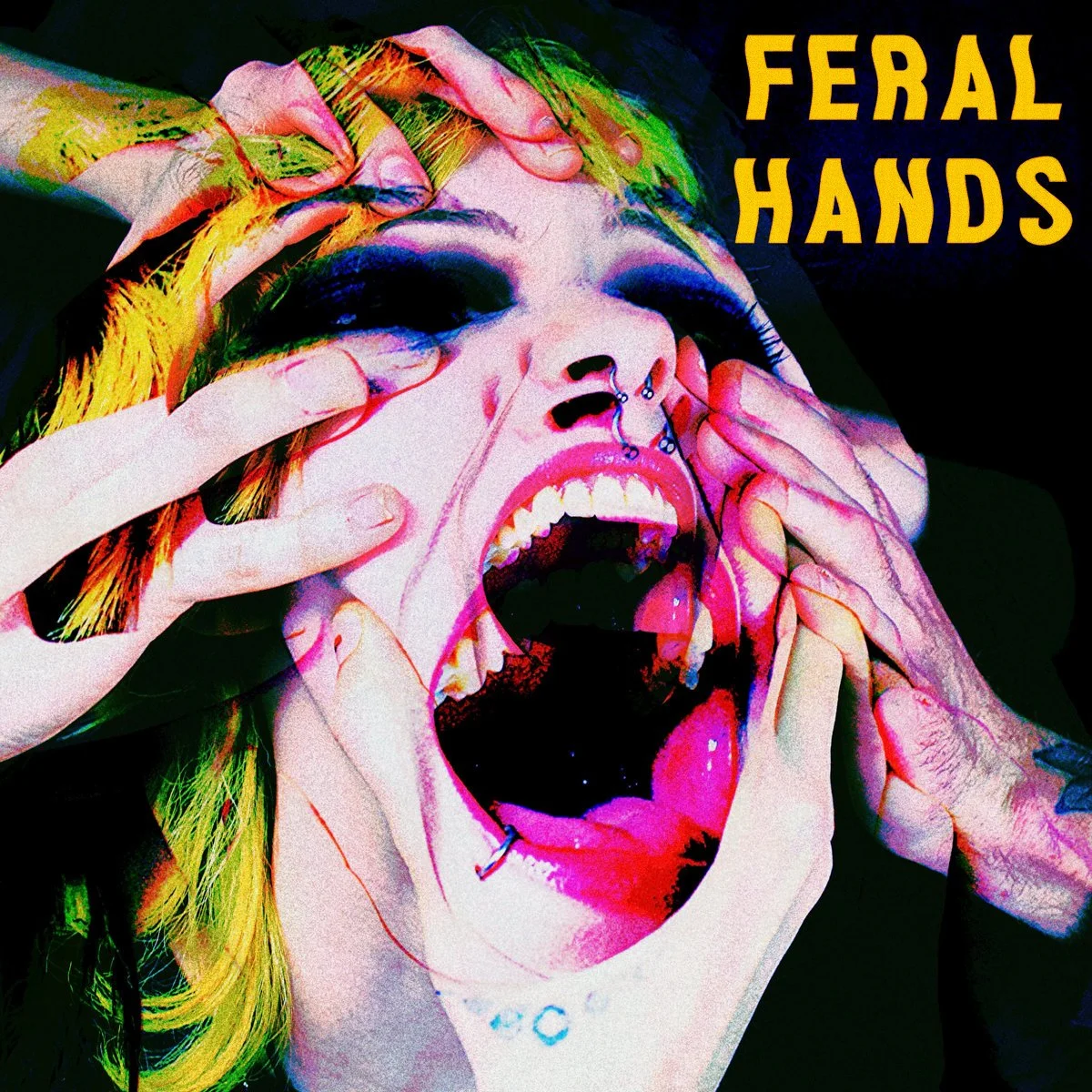 A digital art image of a woman screaming with her mouth wide open, colorful hair, dark makeup, multiple hands on her face, and a piercing on her nose. The text 'FERAL HANDS' appears in yellow above her head.