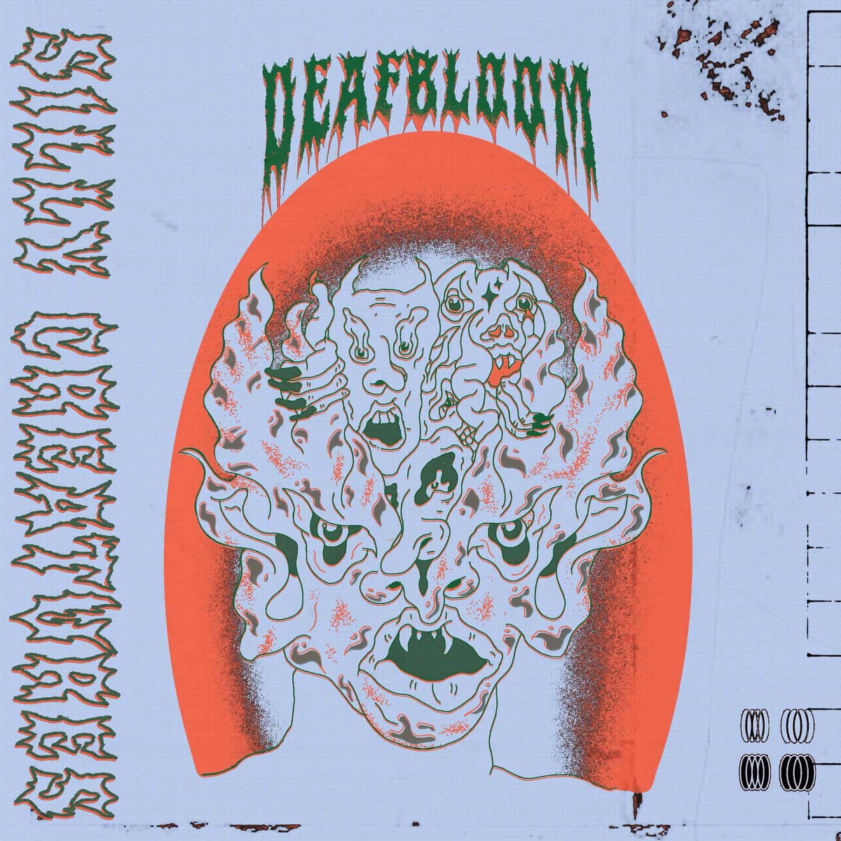 Graphic illustration of a grotesque, demonic face with flames surrounding it, rendered in a distorted, chaotic style with green, red, black, and white colors.