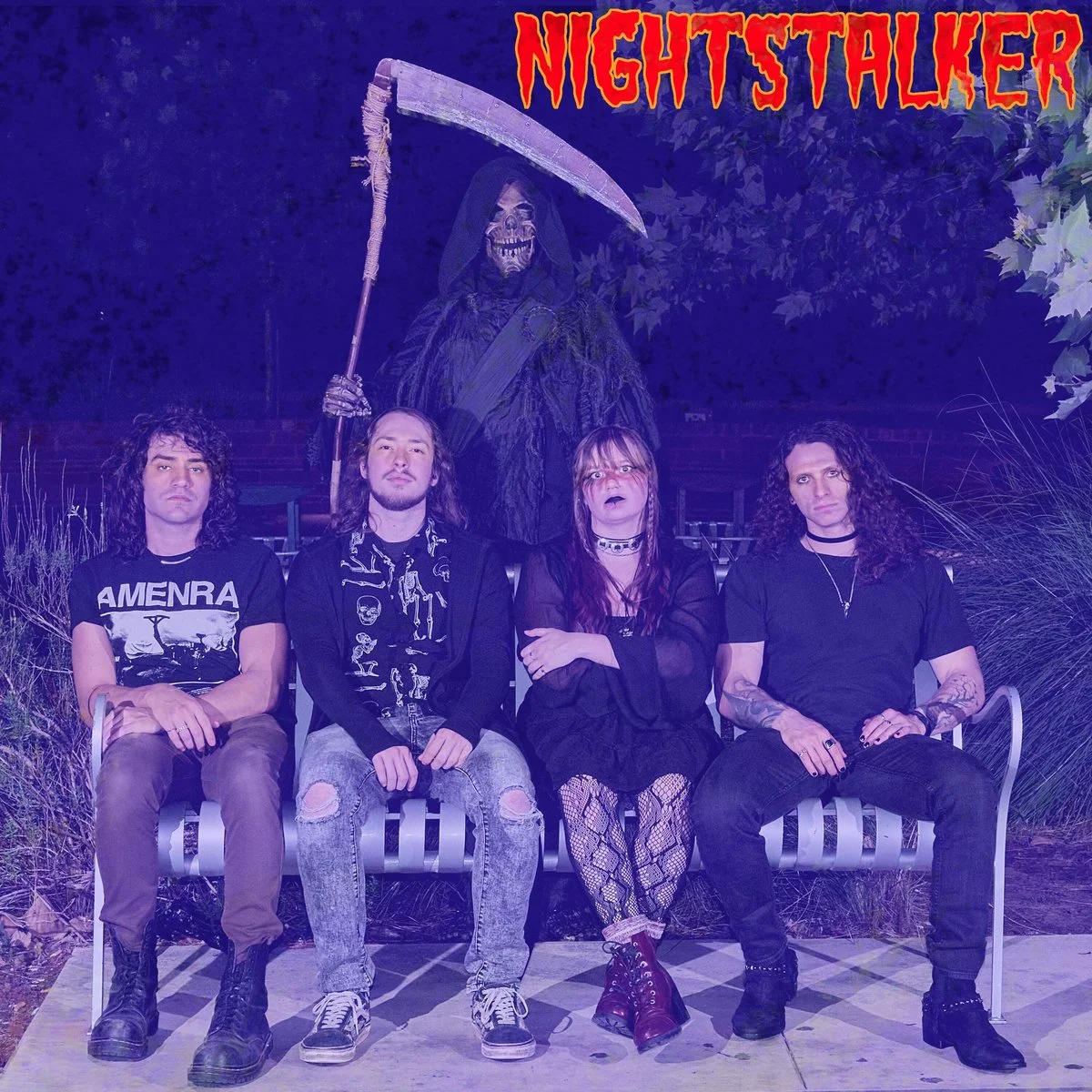 Four people sitting on a bench outdoors at night with a large grim reaper figure in the background, and the word "NIGHTSTALKER" in red, spooky font at the top.