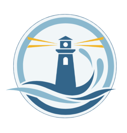 Icon of a lighthouse with rays of light, waves at its base, and a curved wave in the background.
