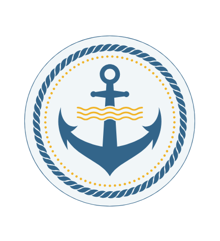 Navy emblem featuring a blue anchor with yellow waves and a rope border.