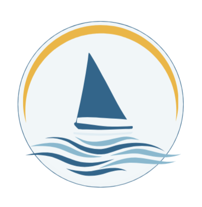 Logo of a sailboat on the water with a white background, gold border, and simple blue and white design.