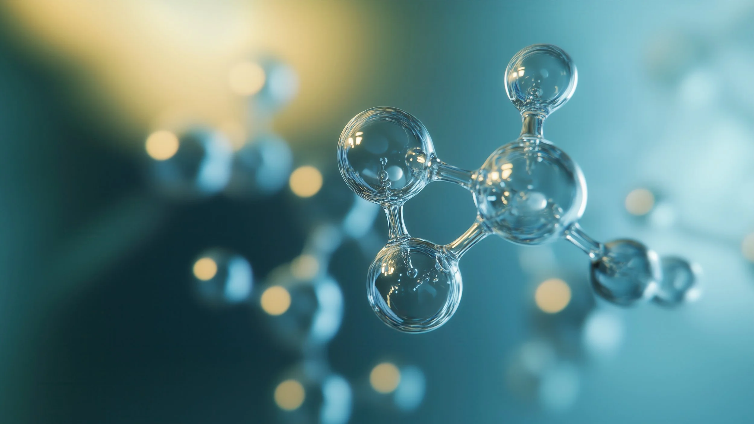 Close-up of a molecular model made of clear glass or plastic bubbles connected by thin rods, set against a blurred background with soft bokeh lights.