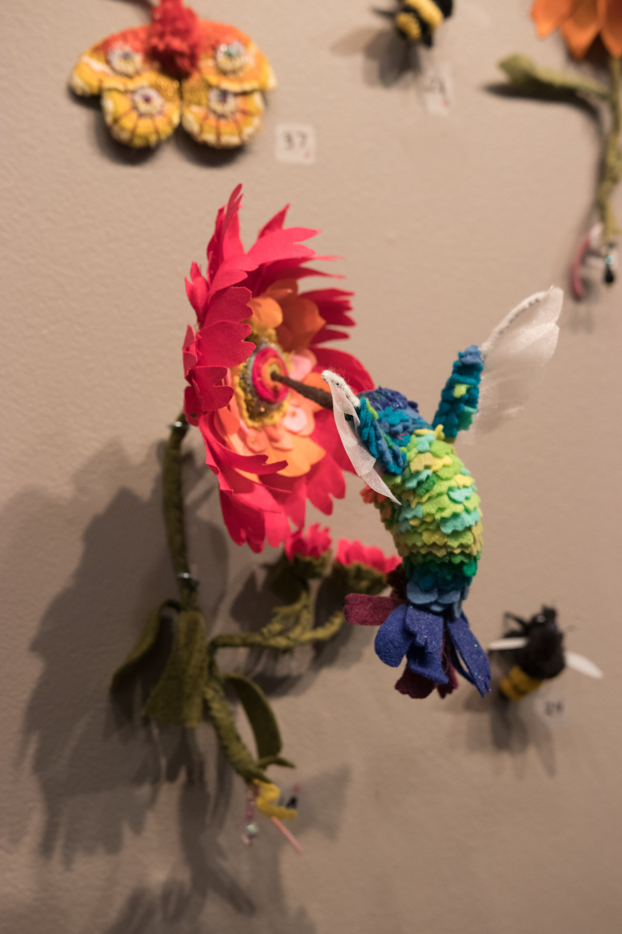 Feed, Fabric, felt, beads, wire, sold