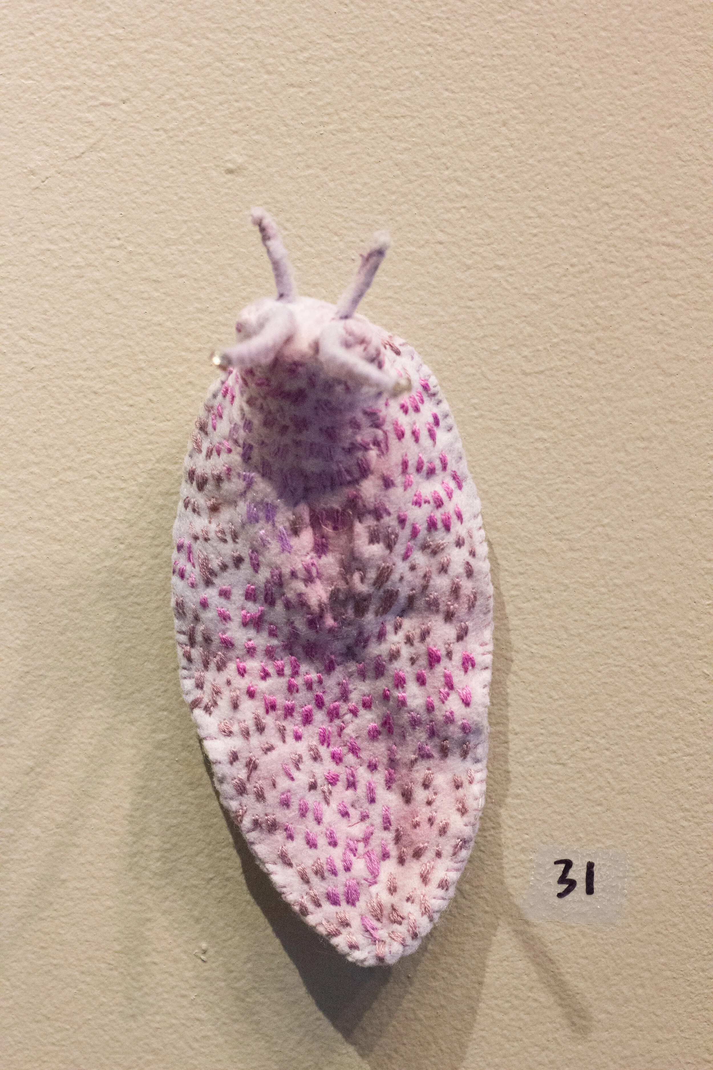 Purple Slug, Felt, fabric, embroidery, wire, beads, sold
