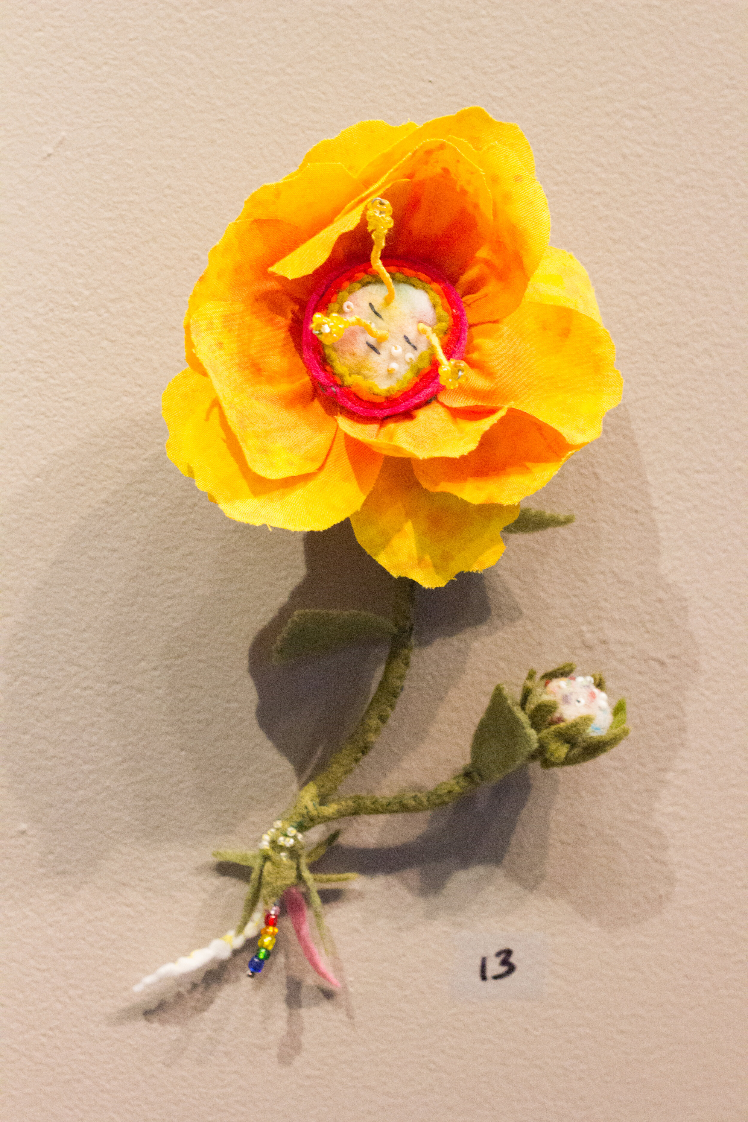 Flower and Bud, Fabric, felt, beads, wire, sold