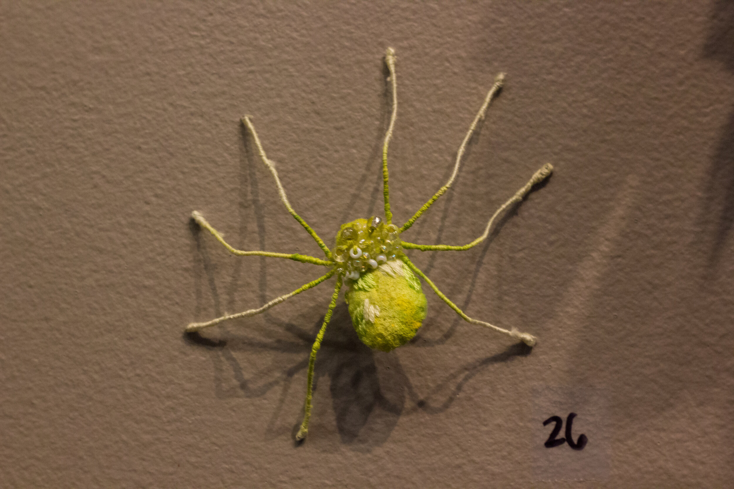 Spiders, Felt, beads, embroidery, wire, $20