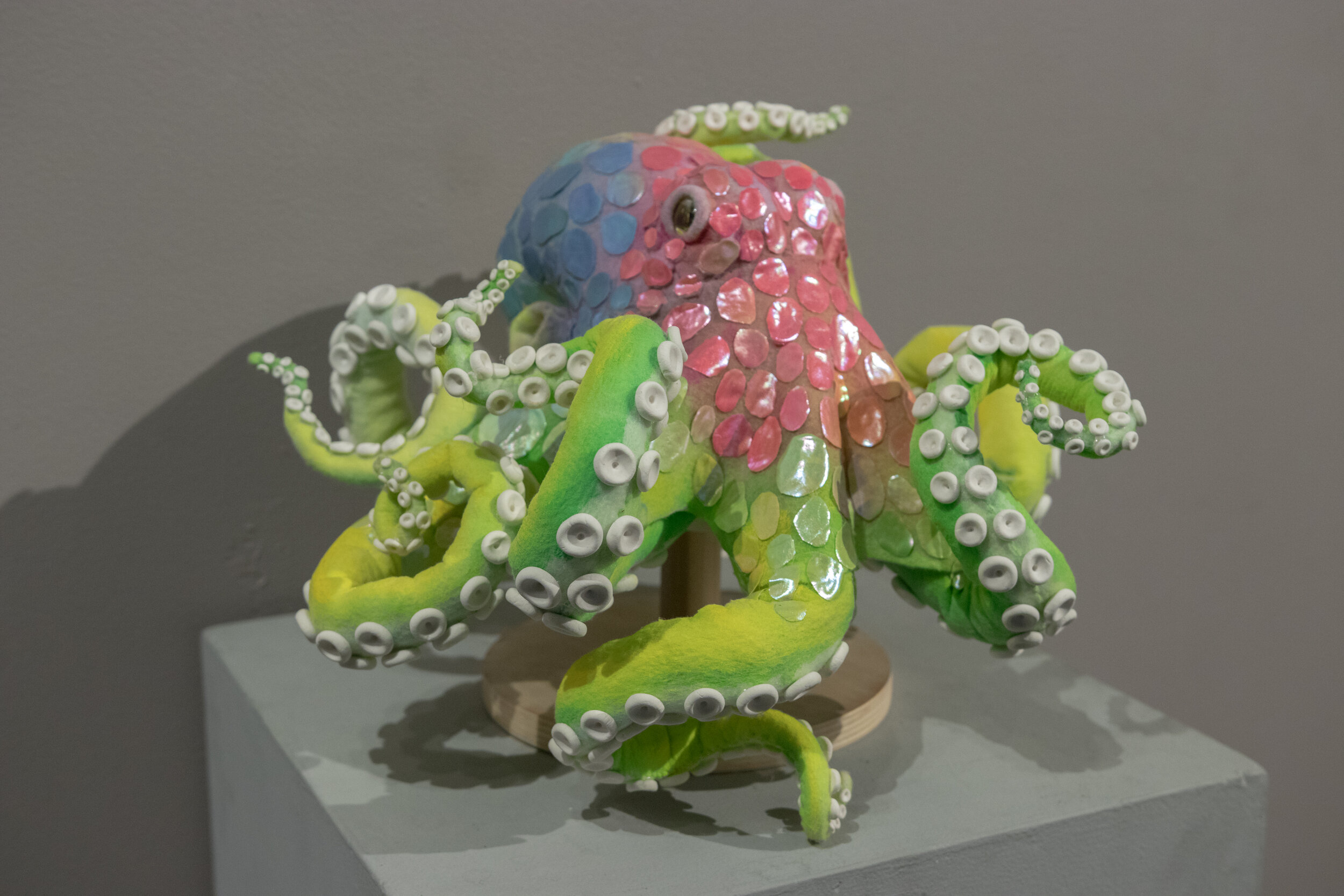 Rainbow the Octopus, Fabric, clay, beads, wire, sold