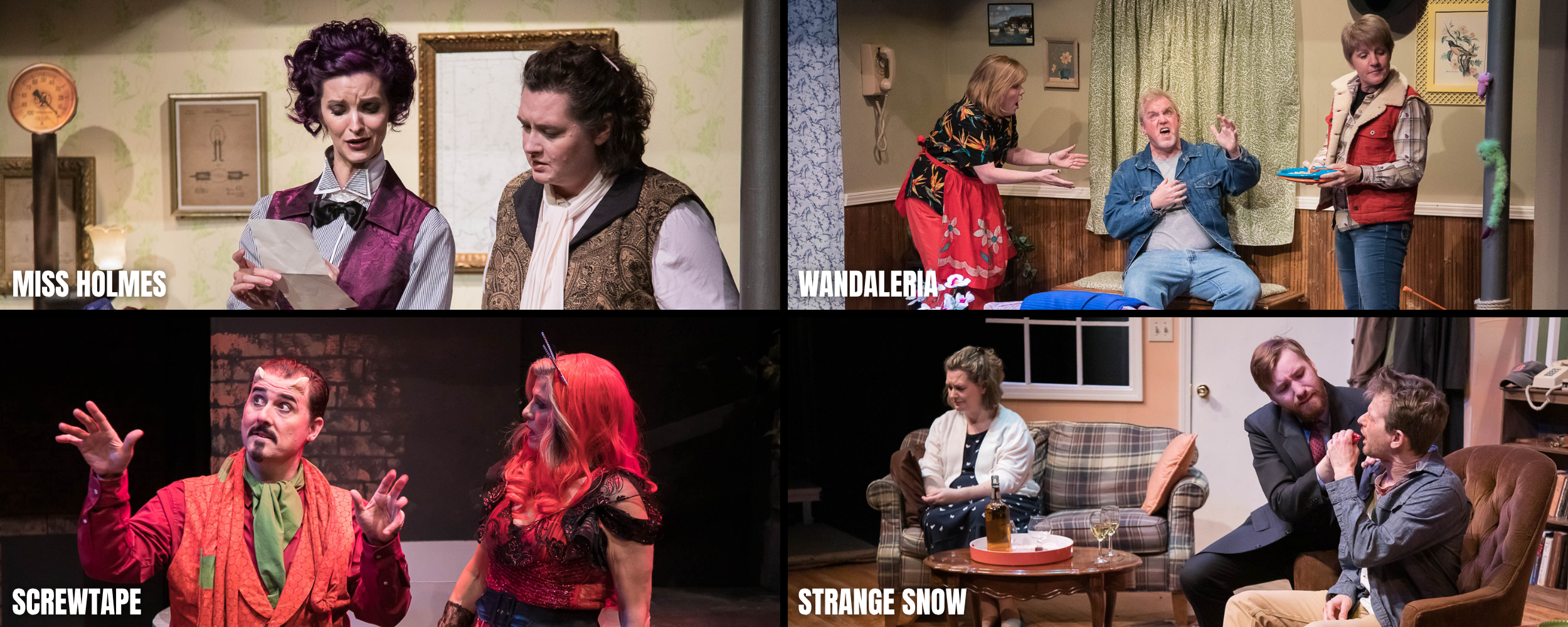 Collage of scenes from Stephen King adaptations. Top left shows two women, Miss Holmes and Wandaleria, in a domestic setting with concerned expressions. Bottom left features a man and woman in elaborate costumes performing on stage with expressive gestures. Bottom right depicts two men in a living room, engaged in intense conversation, with one appearing angry. Top right shows a woman and man in a casual setting, arguing or having a heated discussion.