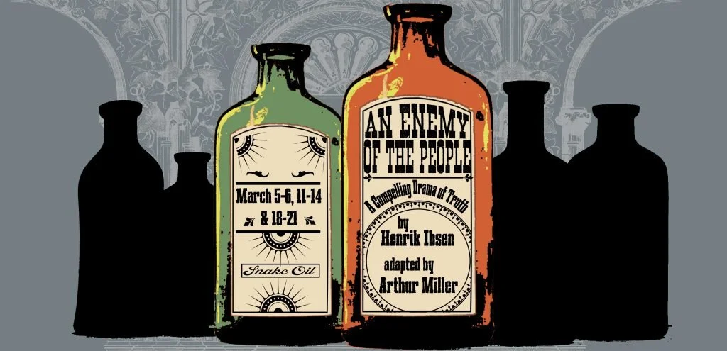 Illustration of five bottles, with one labeled 'Snake Oil' and another labeled 'An Enemy of the People,' set against a decorative background.