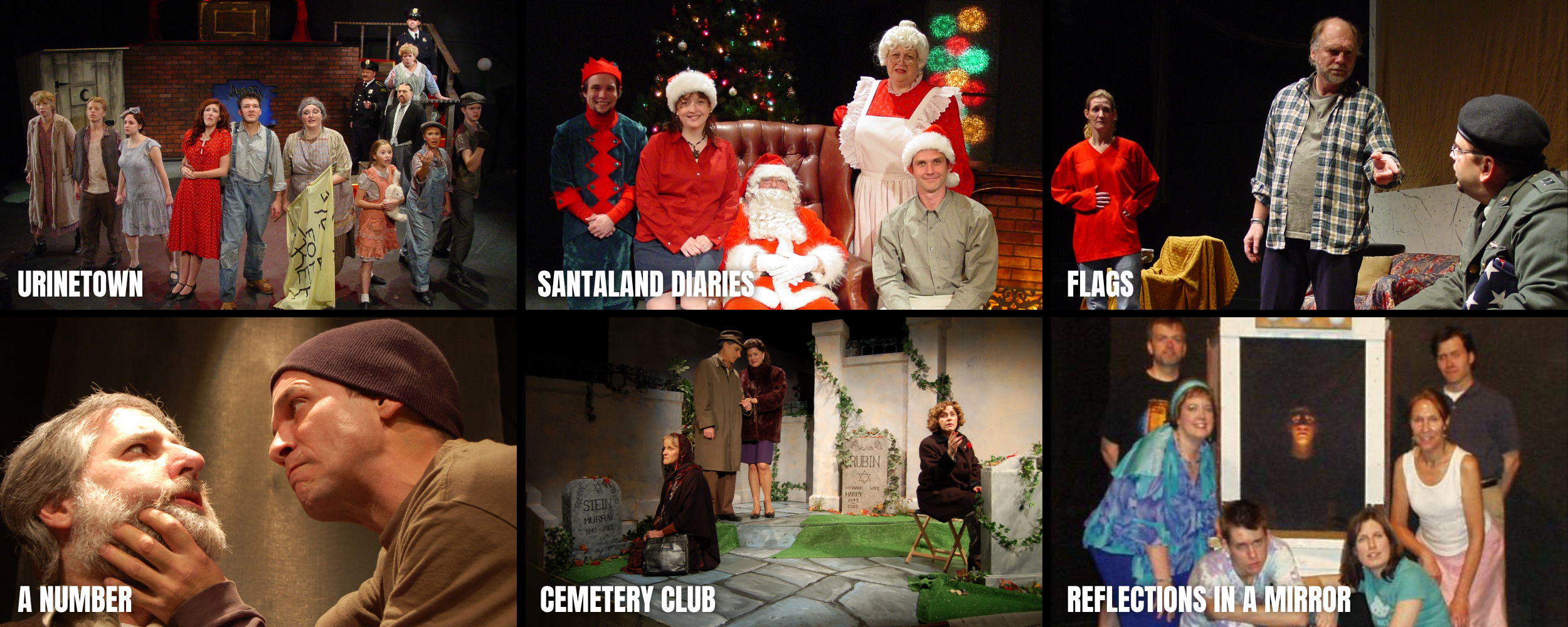 A collage of theatrical scenes from different productions, including a large cast of actors on stage titled 'URINETOWN,' a holiday-themed scene titled 'SANTALAND DIARIES' with Santa and holiday decorations, a scene titled 'FLAGS' with characters in a domestic setting, a scene titled 'A NUMBER' with two men in an intense conversation, a cemetery scene titled 'CEMETERY CLUB' with graves and visiting characters, and a group of actors in rehearsal with the caption 'REFLECTIONS IN A MIRROR.'
