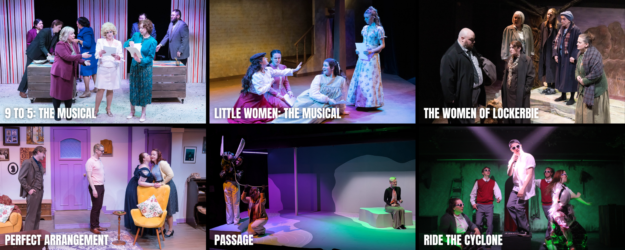 Collage of six scenes from various stage productions, including characters in period costumes, modern clothing, and theatrical settings, with text labels for each show title.