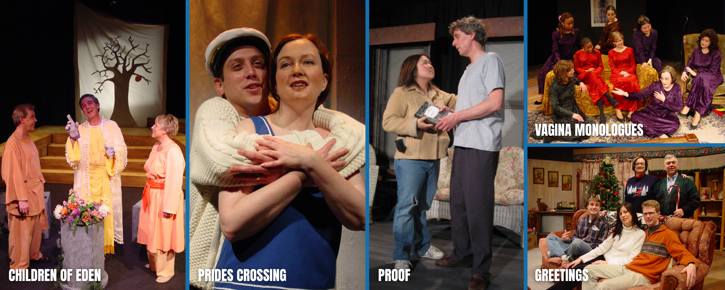 Collage of scenes from various theatrical plays, including characters in costumes, emotional interactions, and a holiday setting with a Christmas tree.