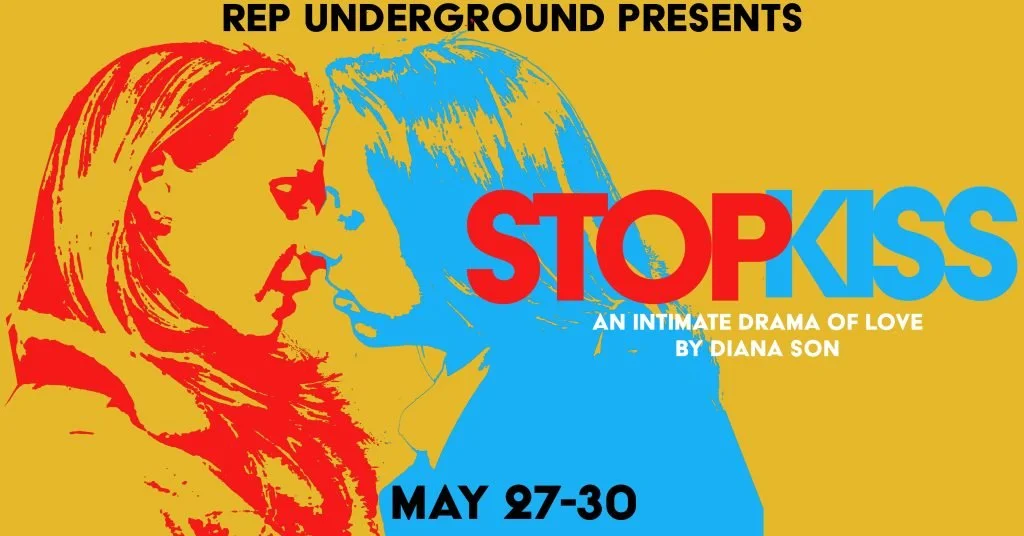 Poster for a play titled 'STOPKISS' showing two women about to kiss, one in red and the other in blue, with yellow background and black, red, and blue text, mentioning it is presented by REPLUND and taking place from May 27 to 30.
