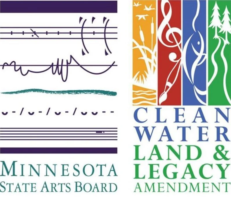 A collage of musical notation, abstract lines, and colorful illustrations representing water, nature, and community, with text promoting 'Minnesota State Arts Board' and 'Clean Water Land & Legacy Amendment'.