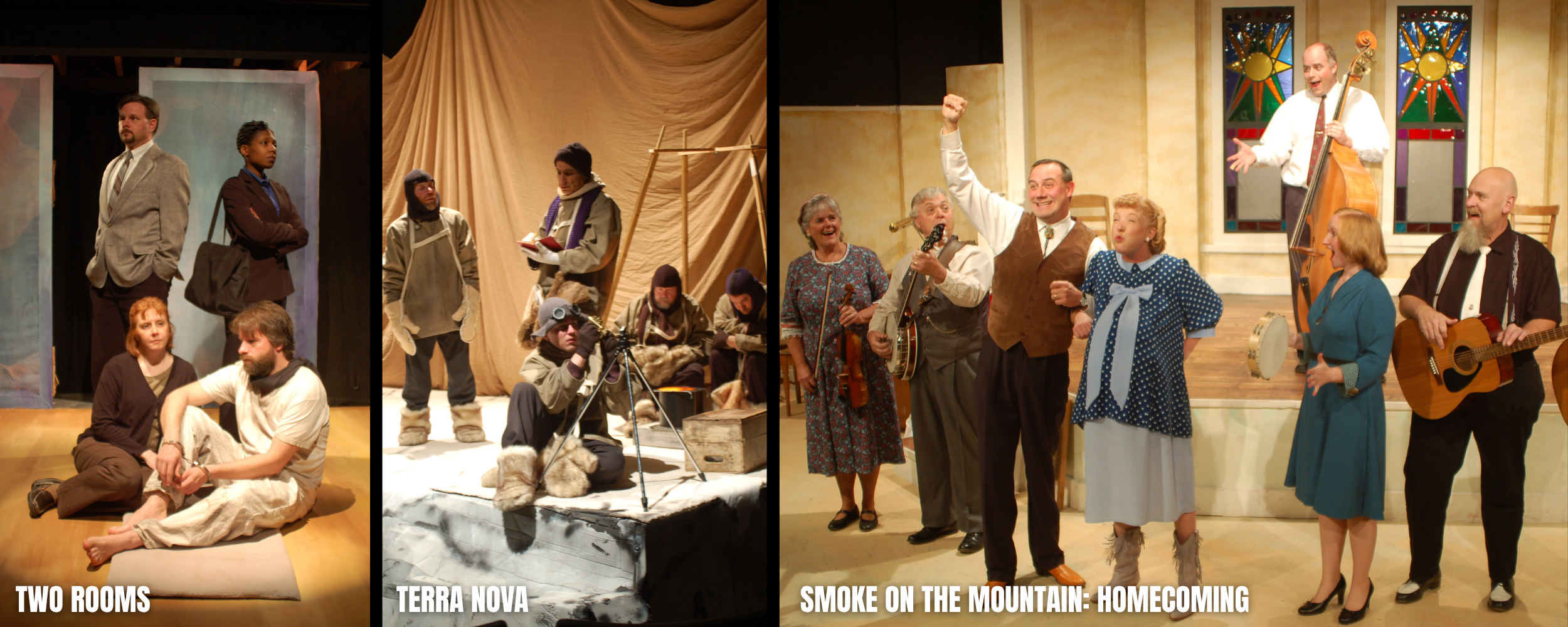 Photo collage of scenes from three different theater plays: 'Two Rooms' shows five actors on stage with serious expressions; 'Terra Nova' depicts a group of actors in costumes preparing for a scene with a sandy background; 'Smoke on the Mountain: Homecoming' features actors in a church setting, singing and playing guitars, smiling and engaging with the audience.