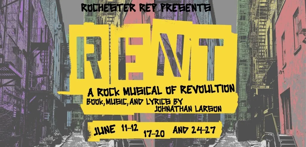 Poster for a rock musical titled 'Relent' presented by Rochester Repertory. The poster features a city street background with graffiti-style text indicating performance dates in June.