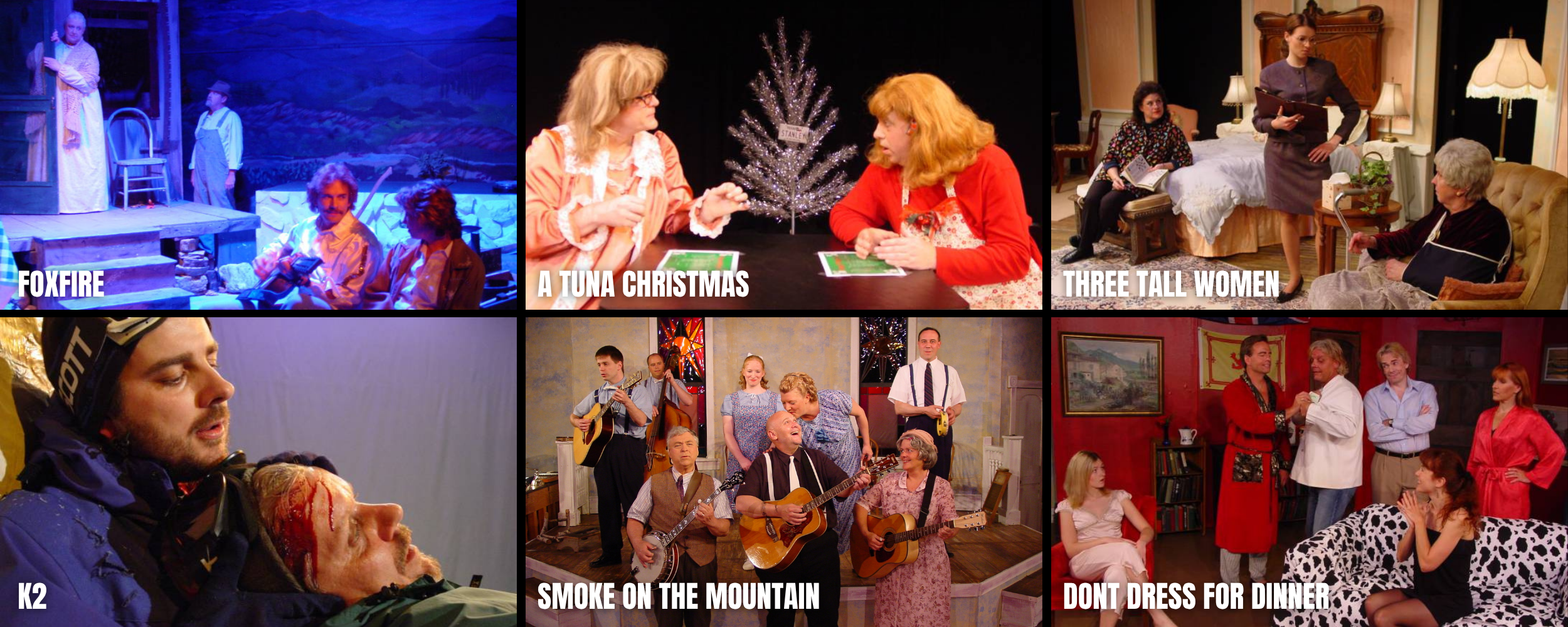 Collage of six scenes from theatrical plays, each labeled with the play's title. Top row: 'Foxfire' with women near a fireplace, 'A Tuna Christmas' with two women talking at a table with a small Christmas tree, 'Three Tall Women' with three women in a living room. Bottom row: 'K2' with a man in a snow jacket and a person lying down, 'Smoke on the Mountain' with musicians performing on stage, 'Don't Dress for Dinner' with a group of people in a living room.
