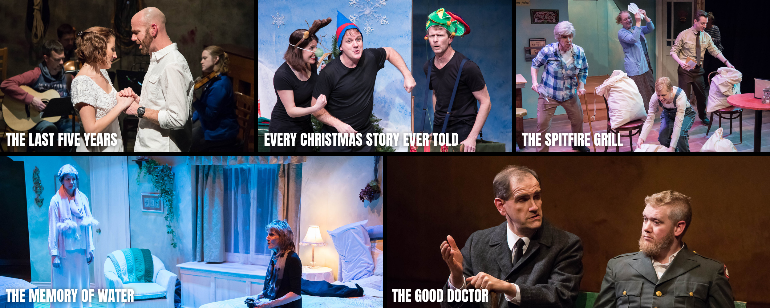 A collage of five images showcasing theatrical scenes from different plays, each with a title overlay. The scenes include romantic dancing, Christmas storytelling, a chaotic family gathering, a bedroom interior with a woman sitting on a bed, and a serious conversation between two men in costumes.