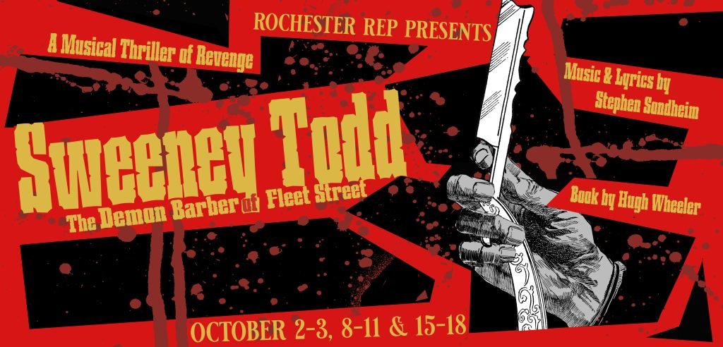 Poster for a theatrical production of "Sweetey Todd," presented by Rochester Rep, titled "The Demon Barber of Fleet Street," with performances on October 2-3, 8-11, and 15-18. The poster features a red, black, and yellow design with a hand holding a straight razor.