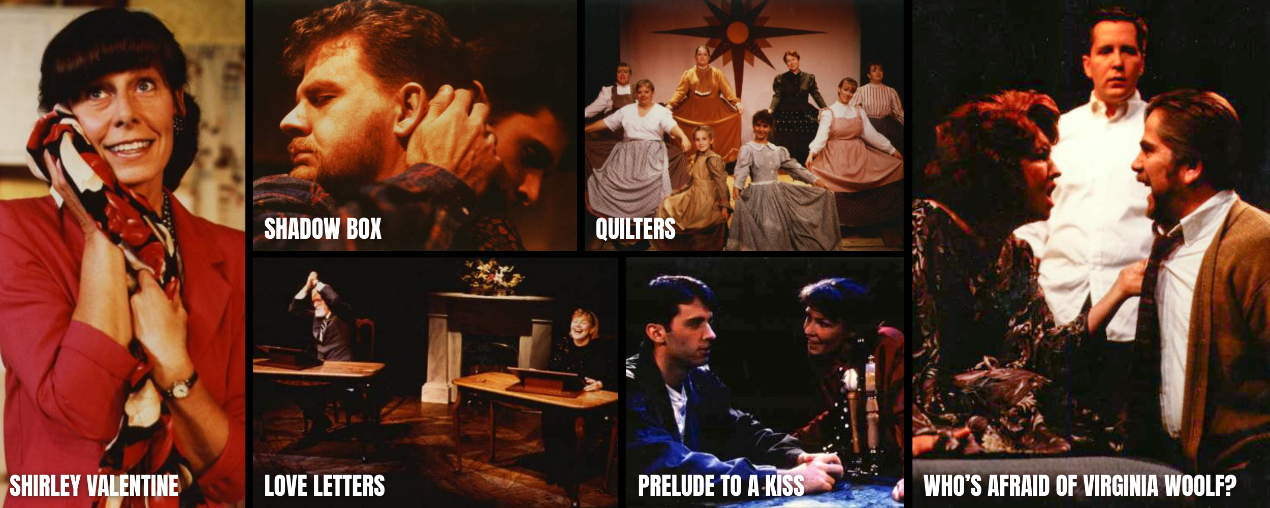 Collage of scenes from the musical 'Spring Awakening,' including characters in various emotional moments, a group of women performing on stage, and two people in an intense confrontation. Text overlays include titles like 'Shadow Box,' 'Quilters,' 'Who’s Afraid of Virginia Woolf?,' 'Love Letters,' and 'Prelude to a Kiss.' The main scene features characters Sharon Valentine, and the overall mood highlights theatrical performances and drama.