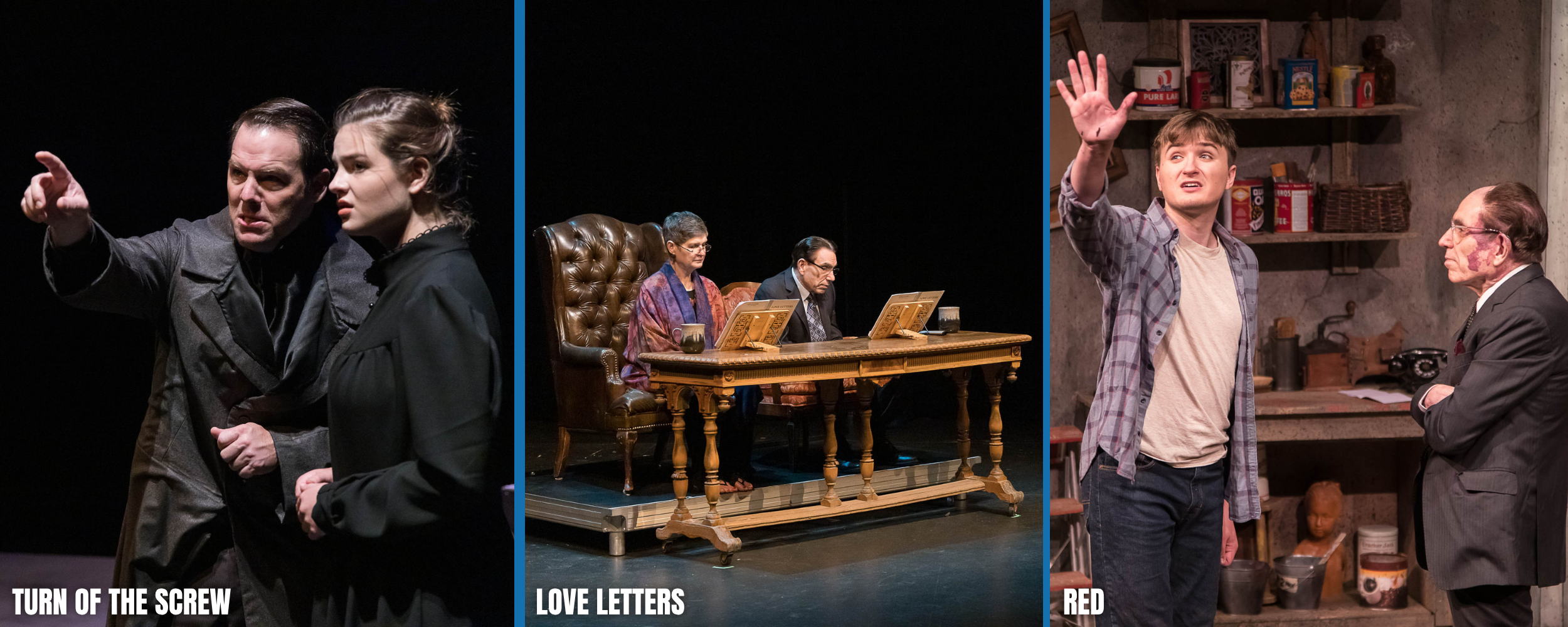 Three scenes from theatrical performances. The first shows two actors in intense conversation, the second displays three people sitting at a table with open scripts, and the third features a young man with a raised hand speaking to an older man in a workshop-like setting.