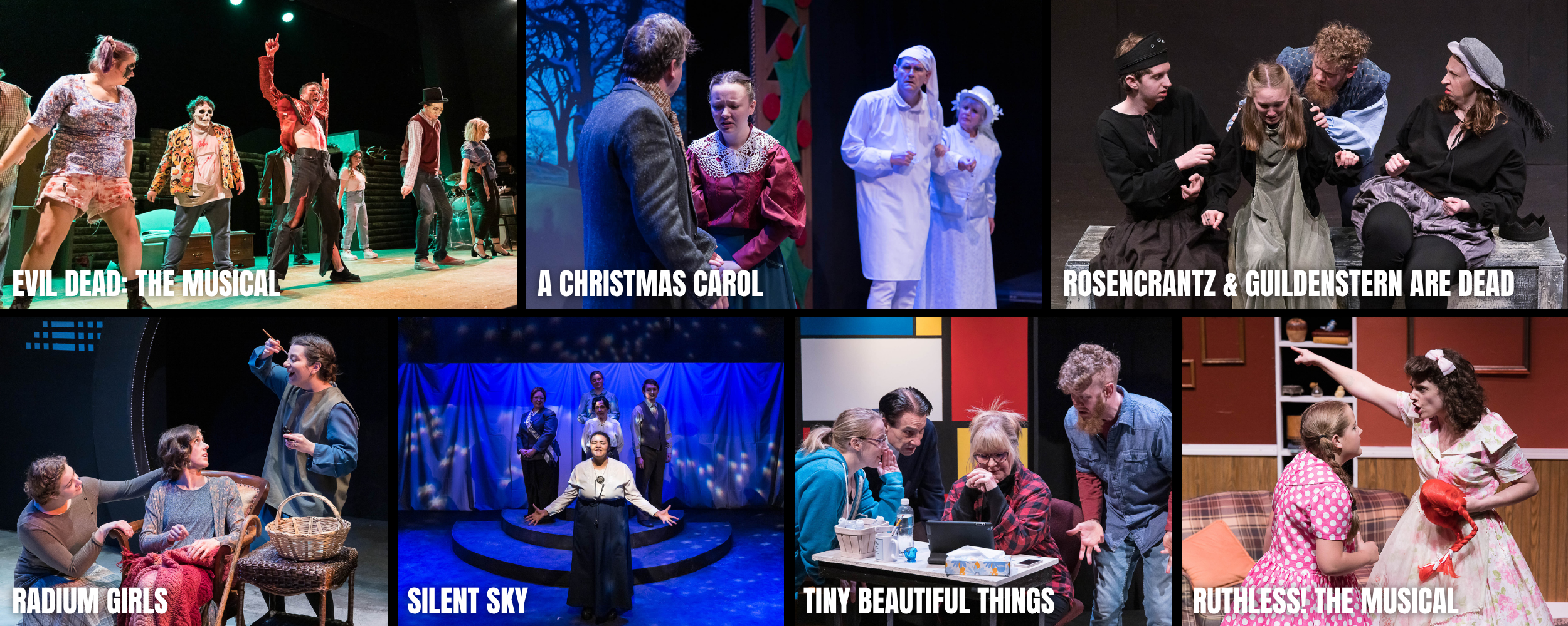 Collage of scenes from various theatrical productions, including characters and groups on stage, with titles such as 'Evil Dead: The Musical,' 'A Christmas Carol,' 'Rosencrantz & Guildenstern Are Dead,' 'Radium Girls,' 'Silent Sky,' 'Tiny Beautiful Things,' and 'Ruthless! The Musical.'